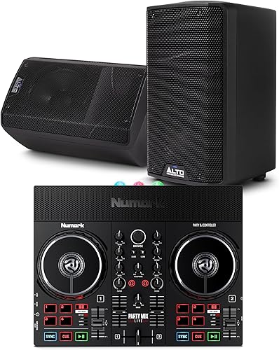 Vista 9 de Numark Party Mix Live DJ Controller con altavoces, luces, 2 cubiertas, mezclador, interfaz de audio y Serato Lite