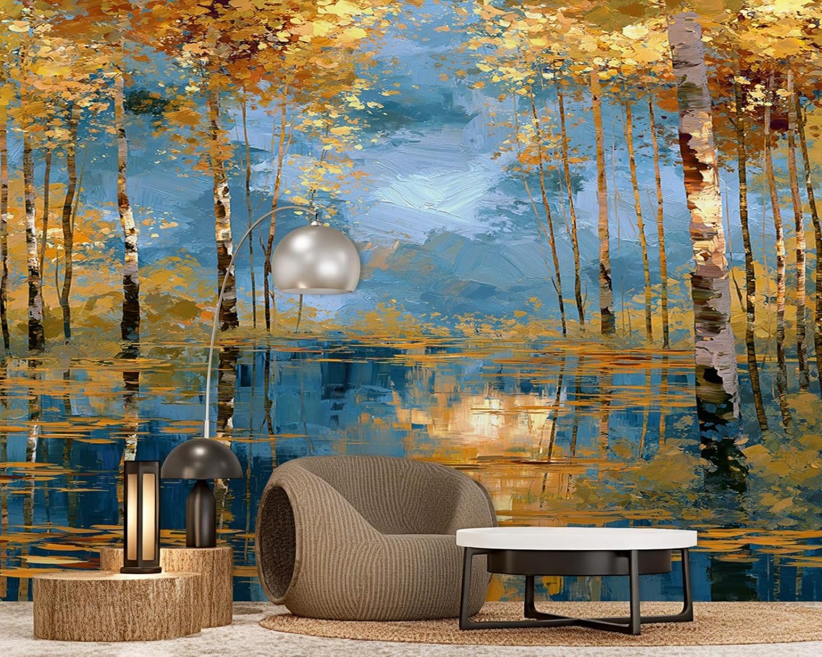 hgjdjhnf Autumn Forest Oil Painting Wallpaper Abstract Forest Blue Gold Non-woven Wallpaper Modern Wallpaper for Living Room Bedroom Kids Room Wall Decor 430cm*300cm