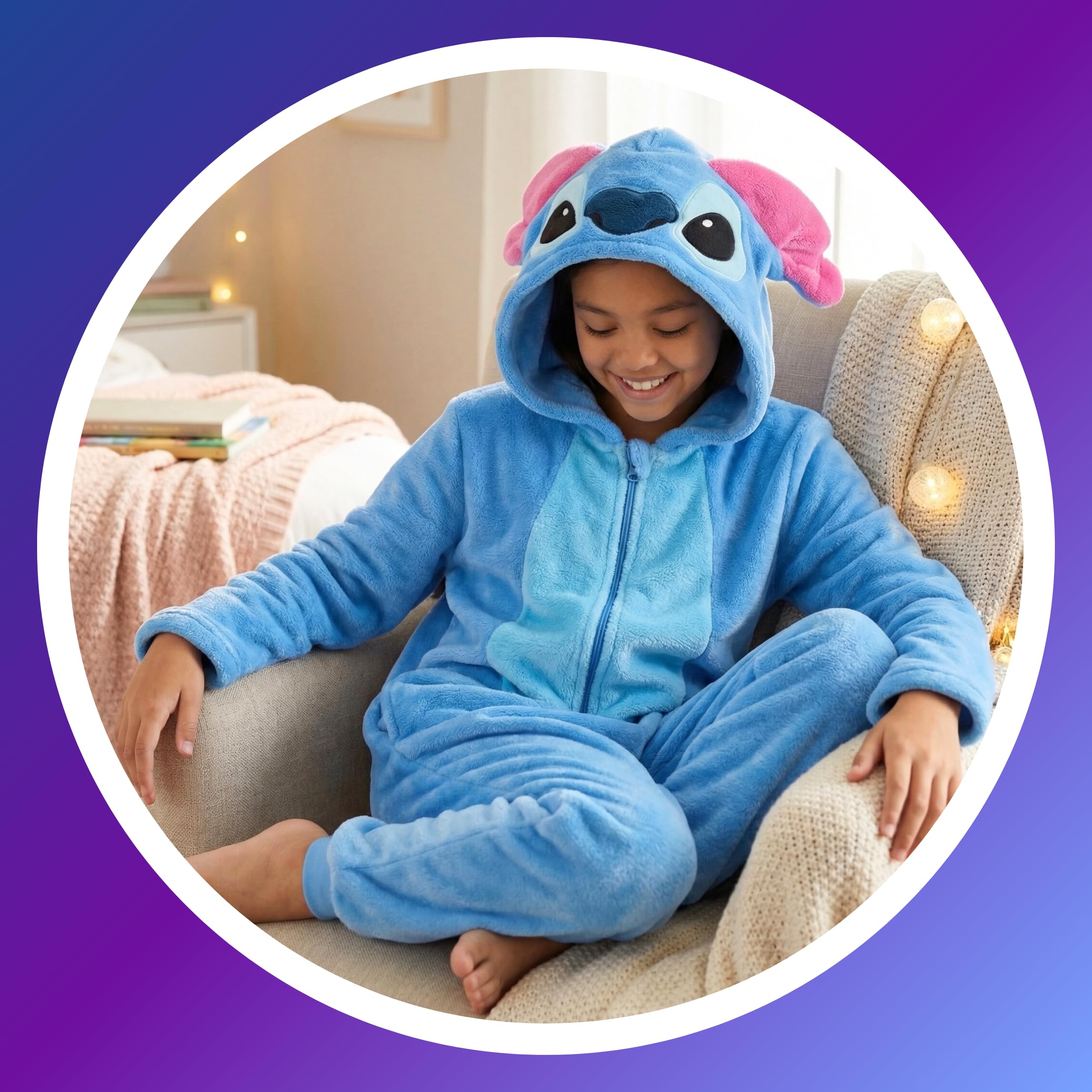 Disney Stitch Pyjama pour Fille, Pyjama Une Pièce à Capuche 3D en Polaire Douce, Cadeau pour Filles et Adolescents, Tailles 6 à 12 Ans