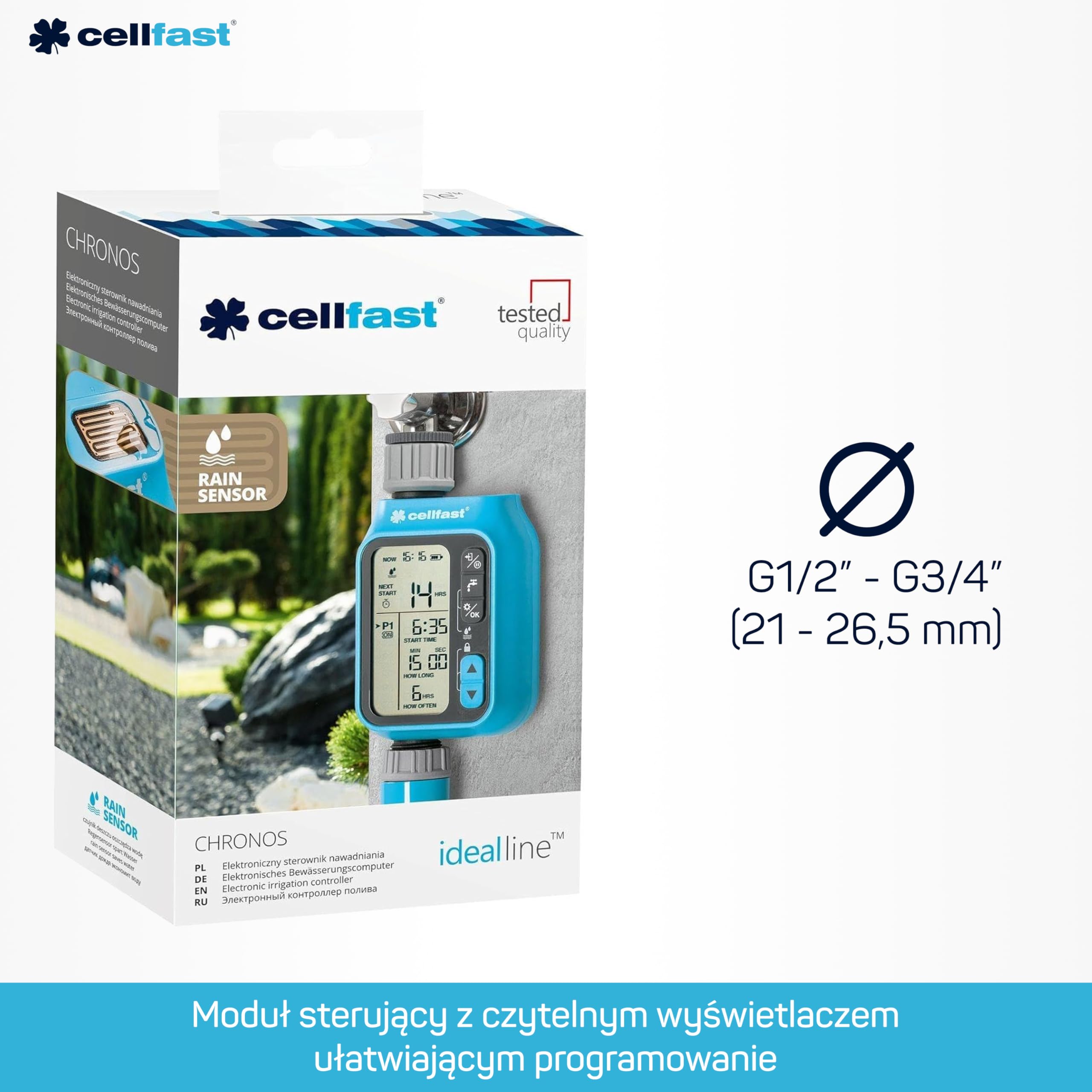 Cellfast Cyfrowy Sterownik Nawadniania Chronos CELLPRO 3 Programy Wyświetlacz Czujnik Deszczu Automatyczne Nawadnianie