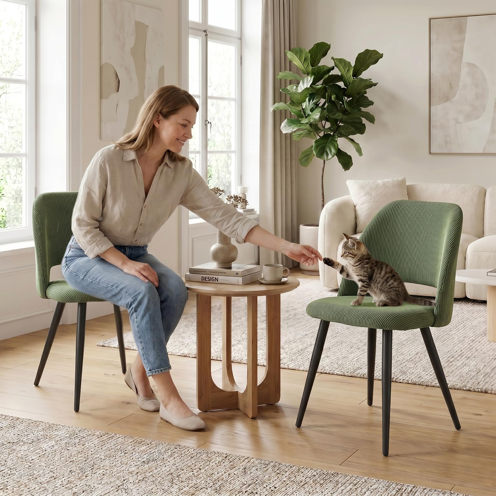 JIJIAN Esszimmerstühle 4er Set, Stühle Esszimmer, Küchenstühle, Wohnzimmer Essstühle mit Ausschnitt Rückenlehne Streifen Samt Stuhl, Gepolsterte Stühle für Esszimmer, Küche, Schlafzimmer, Grün