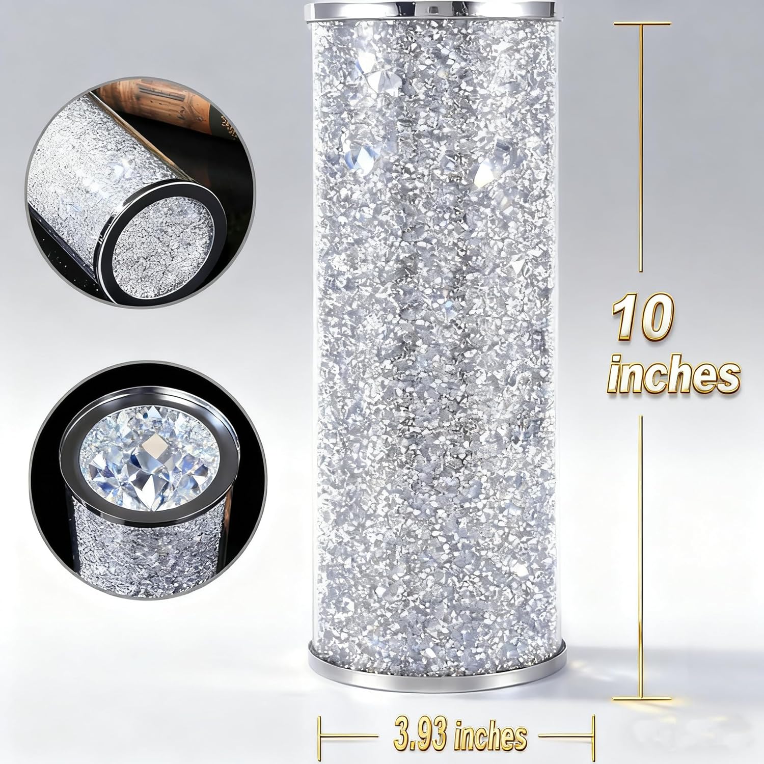 Silver Glass Vase for Flowers, Large 10in Crushed Diamond Vase, Luxurious Fresh Flower Vase for Home Decor, Bedroom, Living Room, Office, Wedding, Party, Dining Table - Image 3