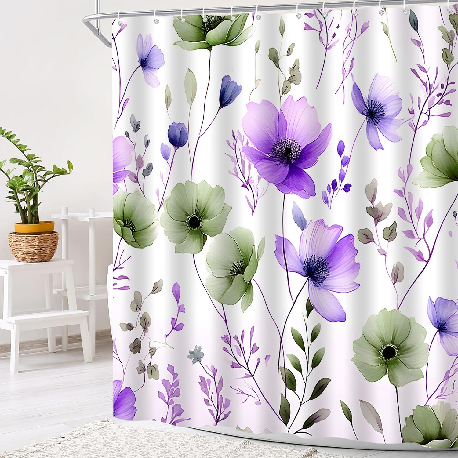 Sage Green Purple Floral Shower Curtain Watercolor Colourful Boho Wildflower Blossom Plant Flower Modern Minimalist Fabric Bath Curtain Set with Hook