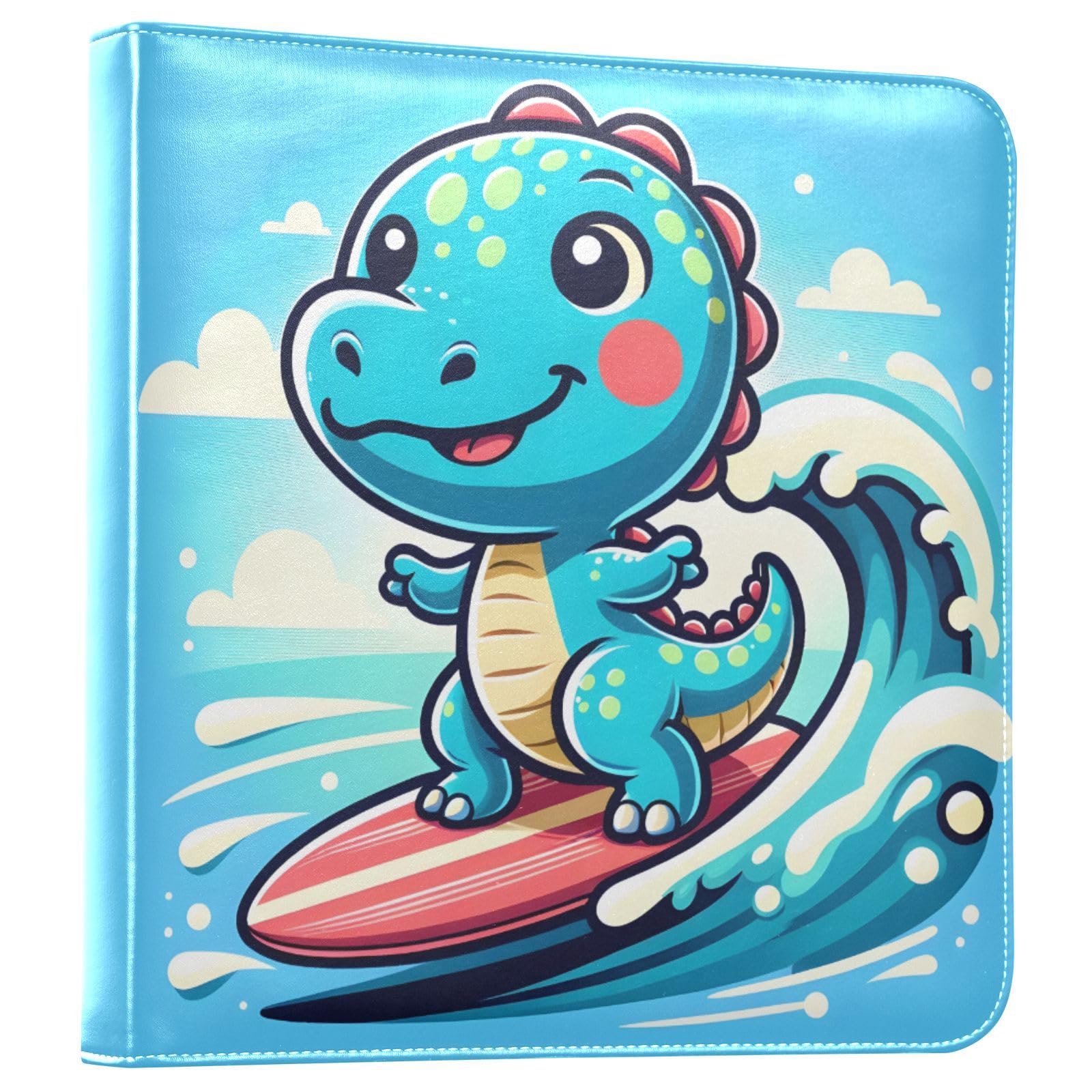 JIPONI Cute Cartoon Dinosaur Surfer Large Photo Album, DIY Leather Cover Scrapbook Albums for 4x6 5x7 6x8 Pictures, Self Adhesive Memory Book for Wedding, Baby, Family