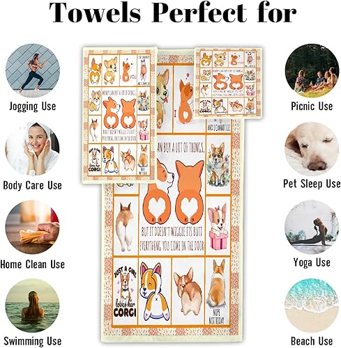 Miniatura 3 de Juego de 3 toallas de baño Corgi, 1 toalla de baño, 1 toalla de mano, 1 toallita de baño, suave, versátil, elegante, toalla de baño decorativa para