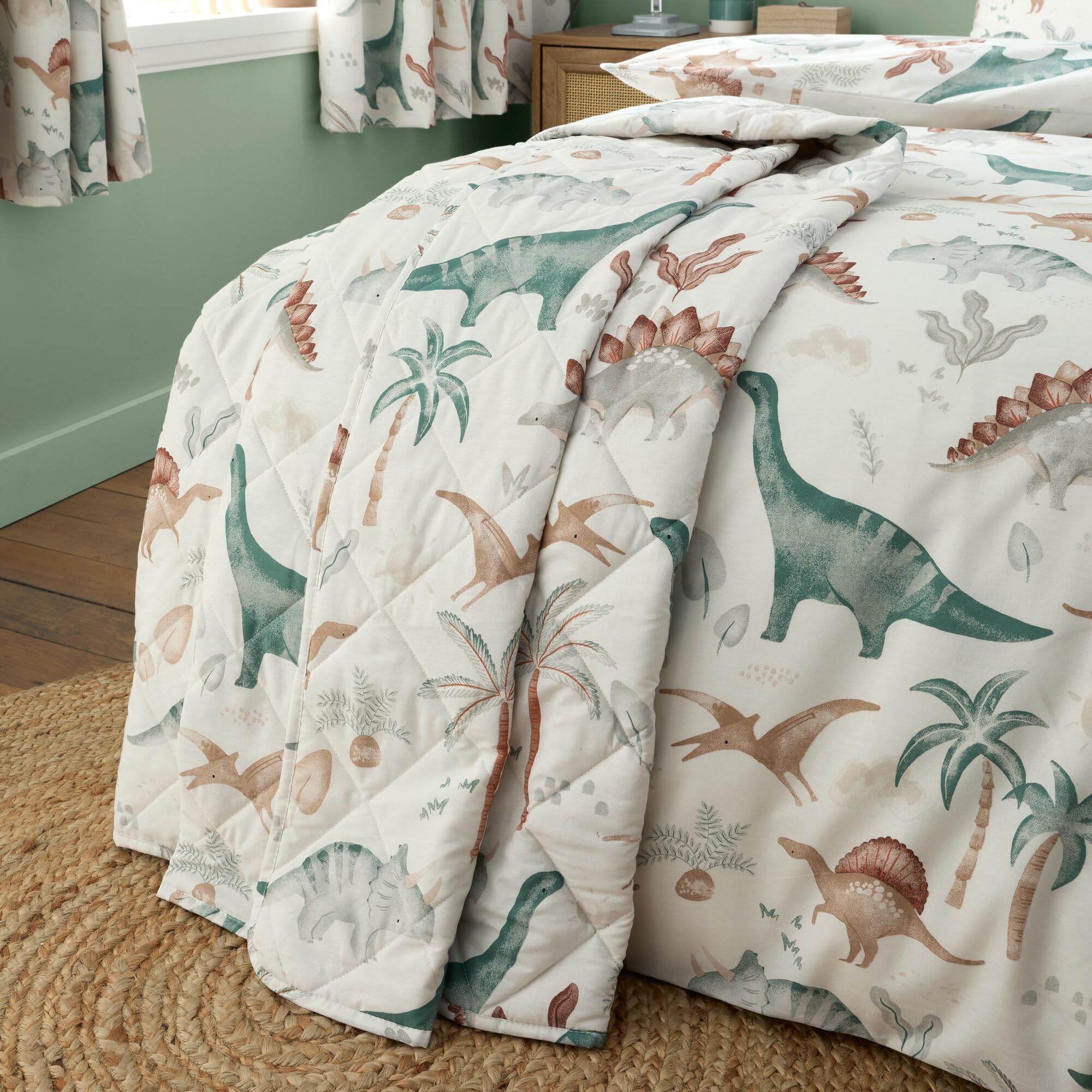 Happy Linen Company Girls Ivory Boys Kids Scandi Saurus Dinosaur 150 X 200 Cm Reversible Quilted Throwover
