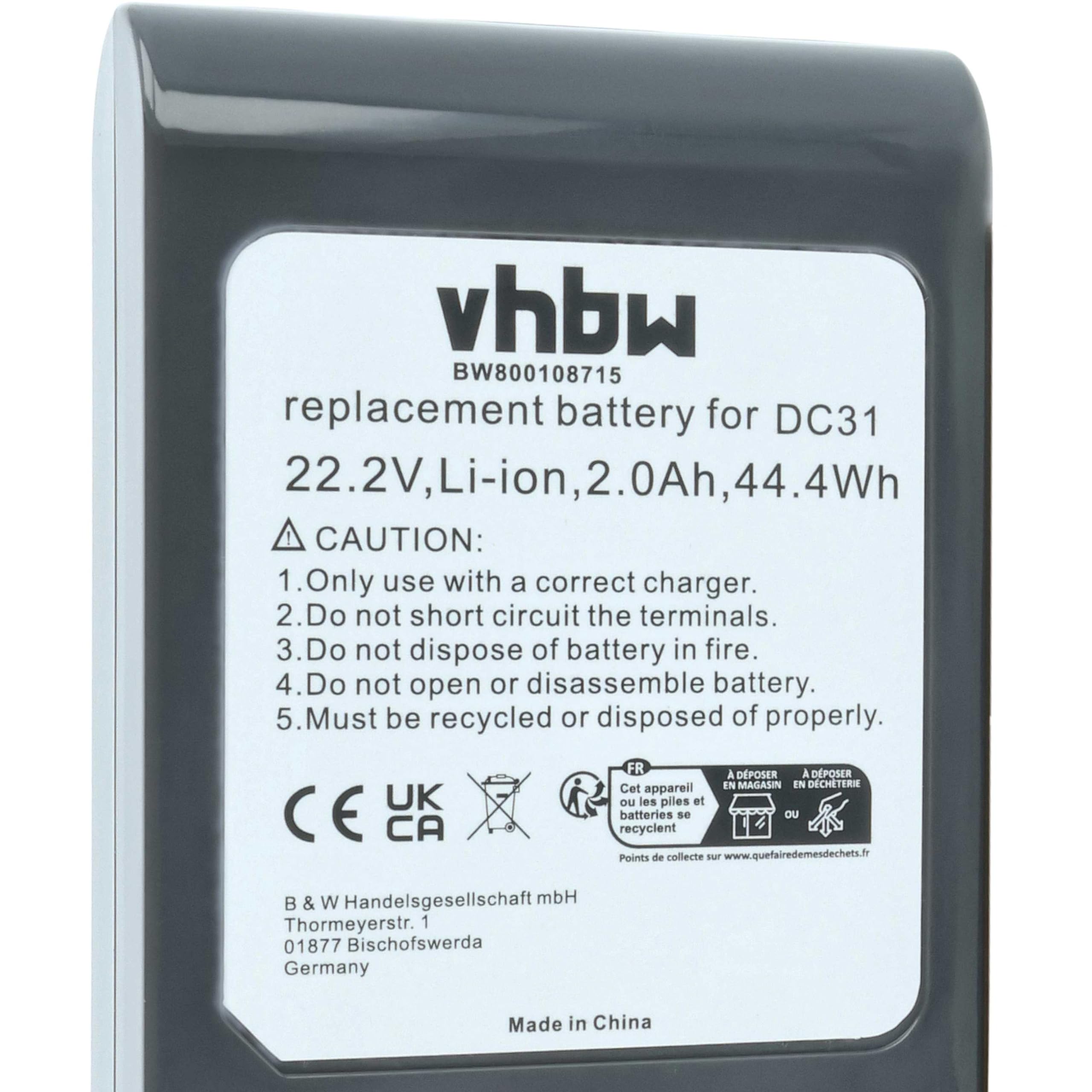 vhbw Batterie Compatible avec Dyson DC31, DC35, DC30, DC35 Exclusive, DC44, DC31 Animal, DC34 aspirateur - Type A (2000mAh, 22,2V, Li-ION)