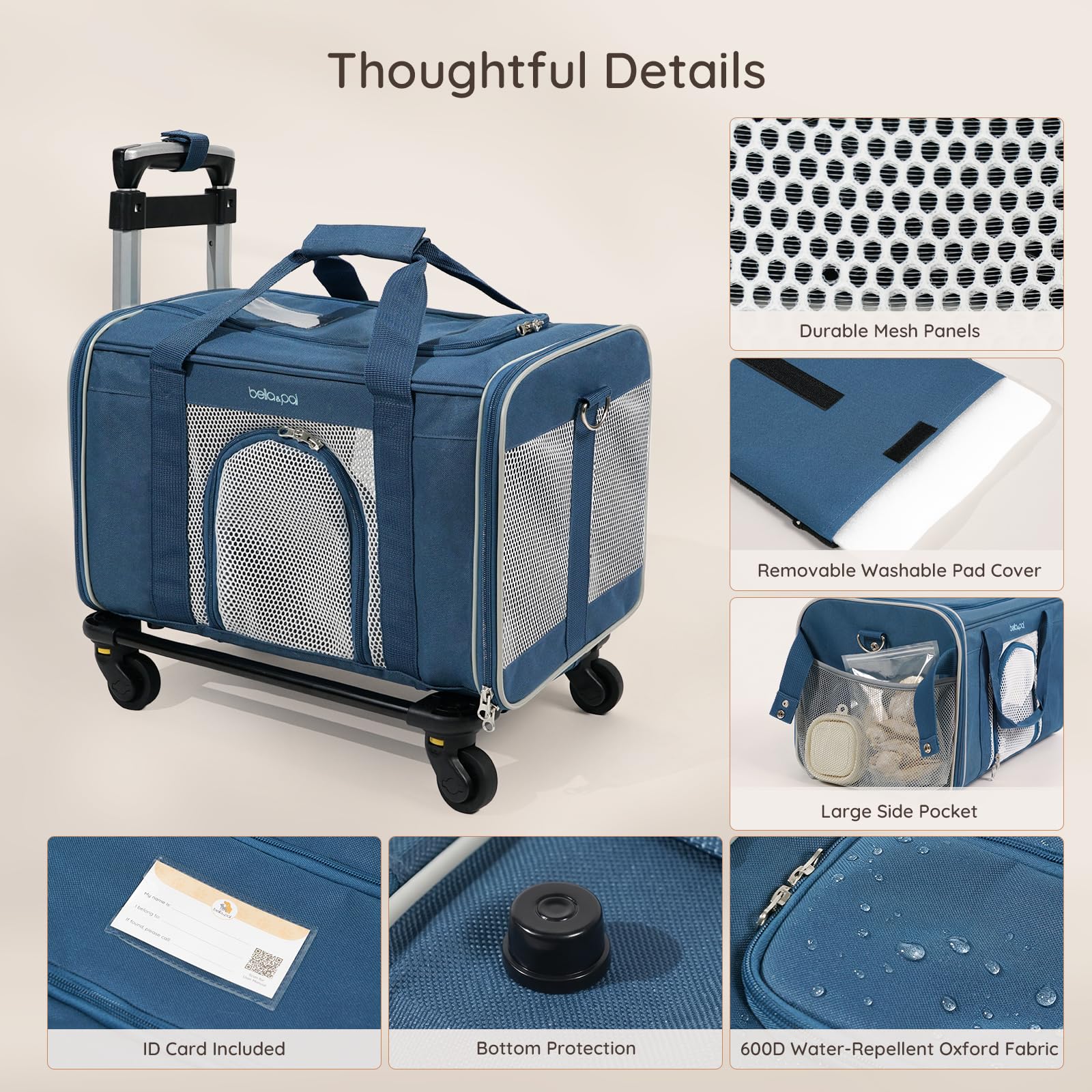 BELLA & PAL Sac de Transport Chat avec roulettes 45x28x28 cm | Trolley pour Chat & Petit Chien | Sac Pliable Homologué Avion avec Chariot Amovible, Fermetures Auto-Bloquantes & 3 Accès