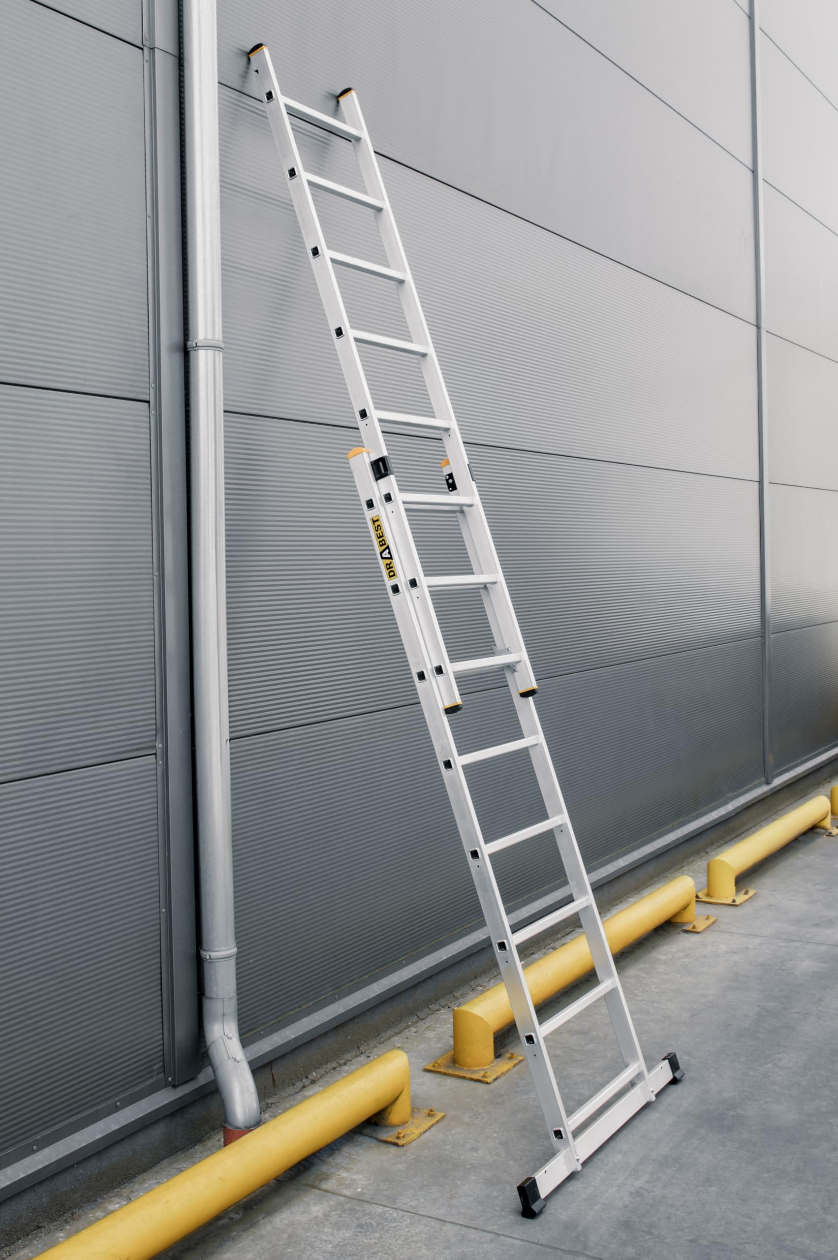 DRABEST Escalera de Aluminio Pro 3en1 - Andamio, Plegable, Multiusos con Plataforma de Trabajo y Gancho para Cubo - Aluminiopara CONSTRUCCIÓN, jardín - 2X 8 peldaños