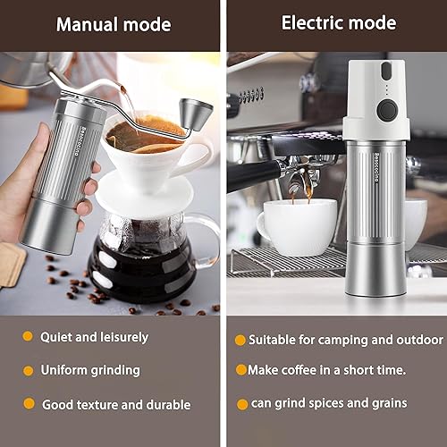 Miniatura 4 de Molinillo de café eléctrico y manual 2 en 1, molinillo de granos de café recargable por USB con rebabas de 1.575 in, molinillo de metal portátil