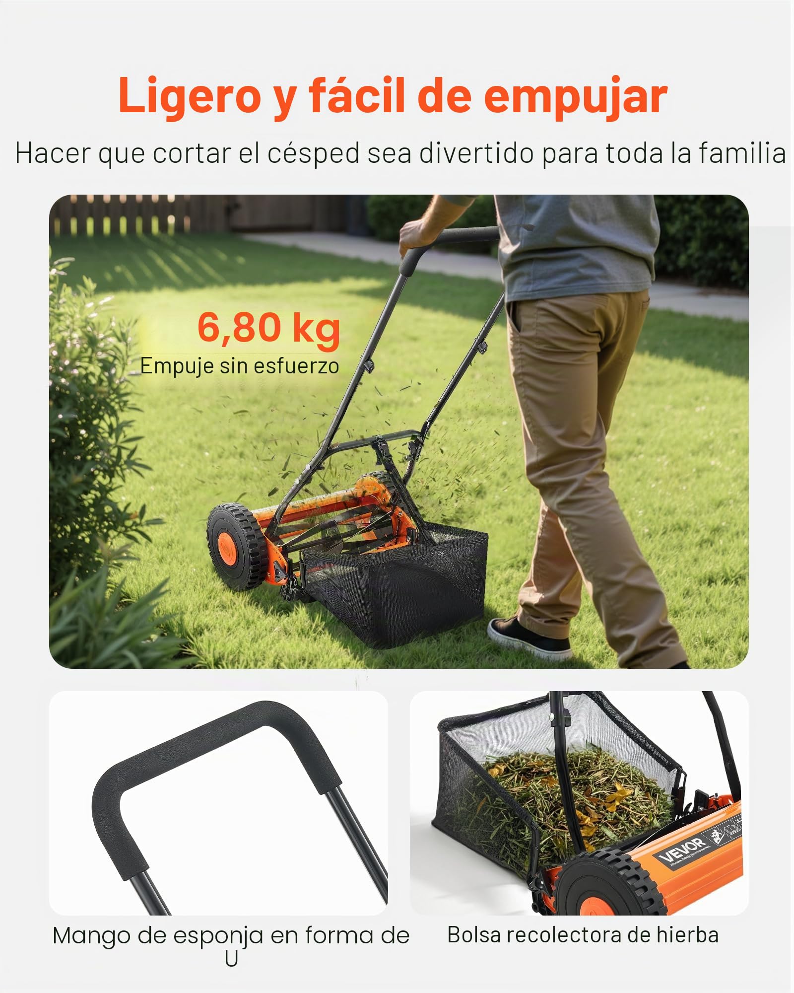VEVOR Cortadora de Césped Manual de 400 mm con 5 Cuchillas 2 Ruedas sin Motor Altura de Corte Ajustable de 15-45 mm con Bolsa Recolectora de Césped para, Caminos de Acceso, Patios, Jardines