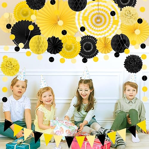 Miniatura 6 de Decoraciones de fiesta en negro y amarillo, 23 piezas de abanicos de papel colgantes para decoración de cumpleaños con pompones negros para