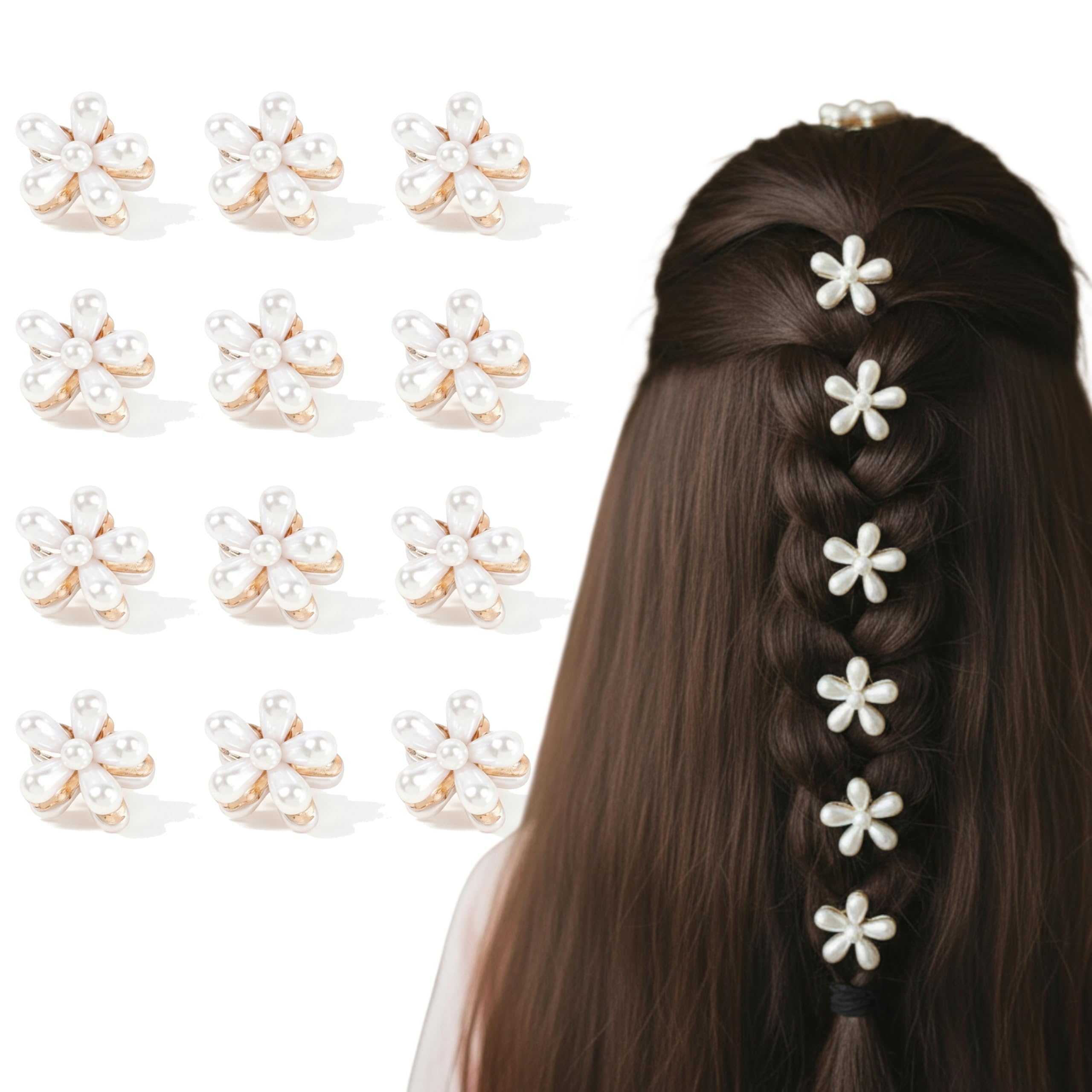 TEMPERIA (12pcs) Korean Style Mini Claw Clips for Girls & Women & Kids | Aesthetic Stylish Hair Accessories for Wedding | Small Pearl Flower Hair Clutcher | Silver-picture-12