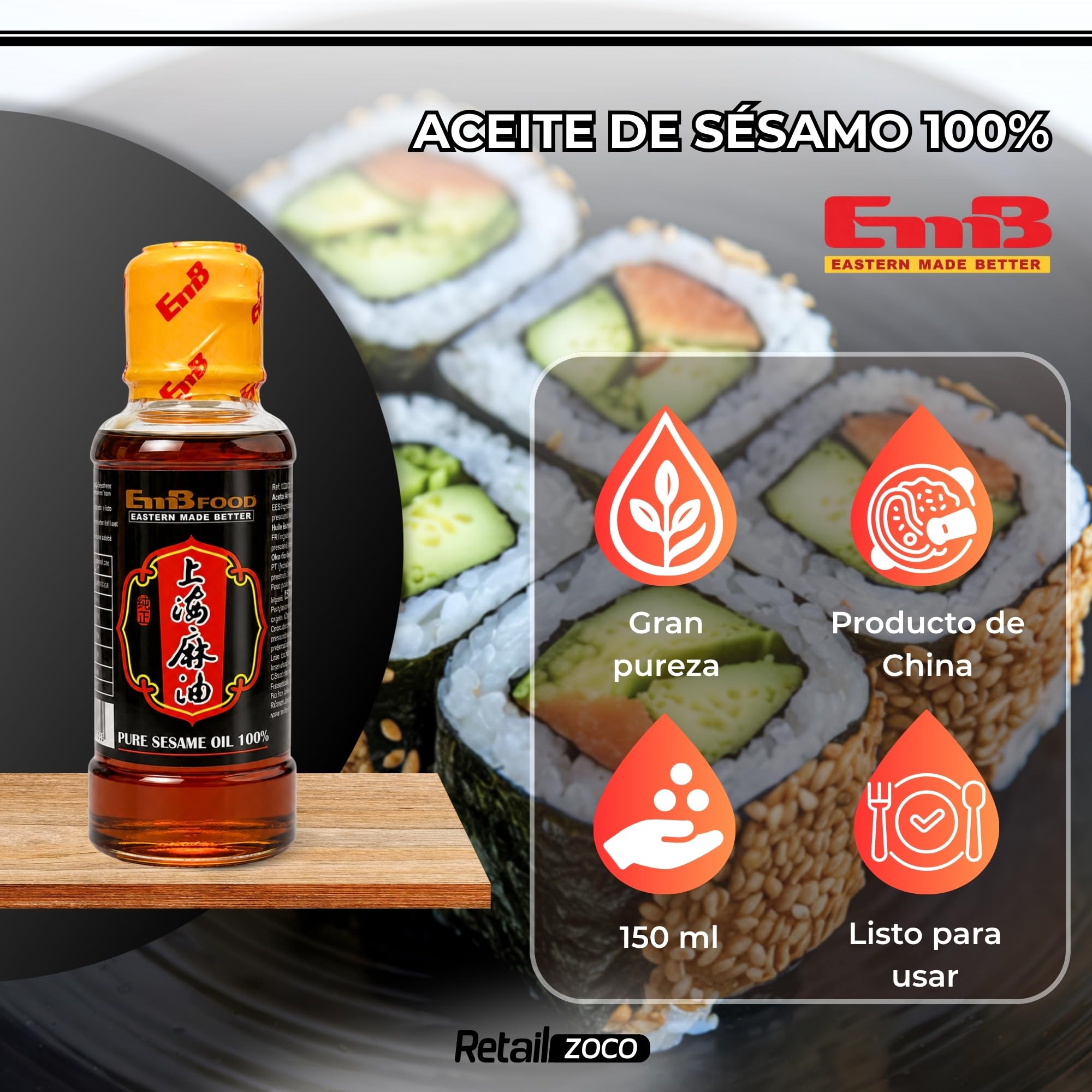 Aceite de Sésamo Puro 100% Tostado, 150 ml, para Wok, Ramen, Sushi