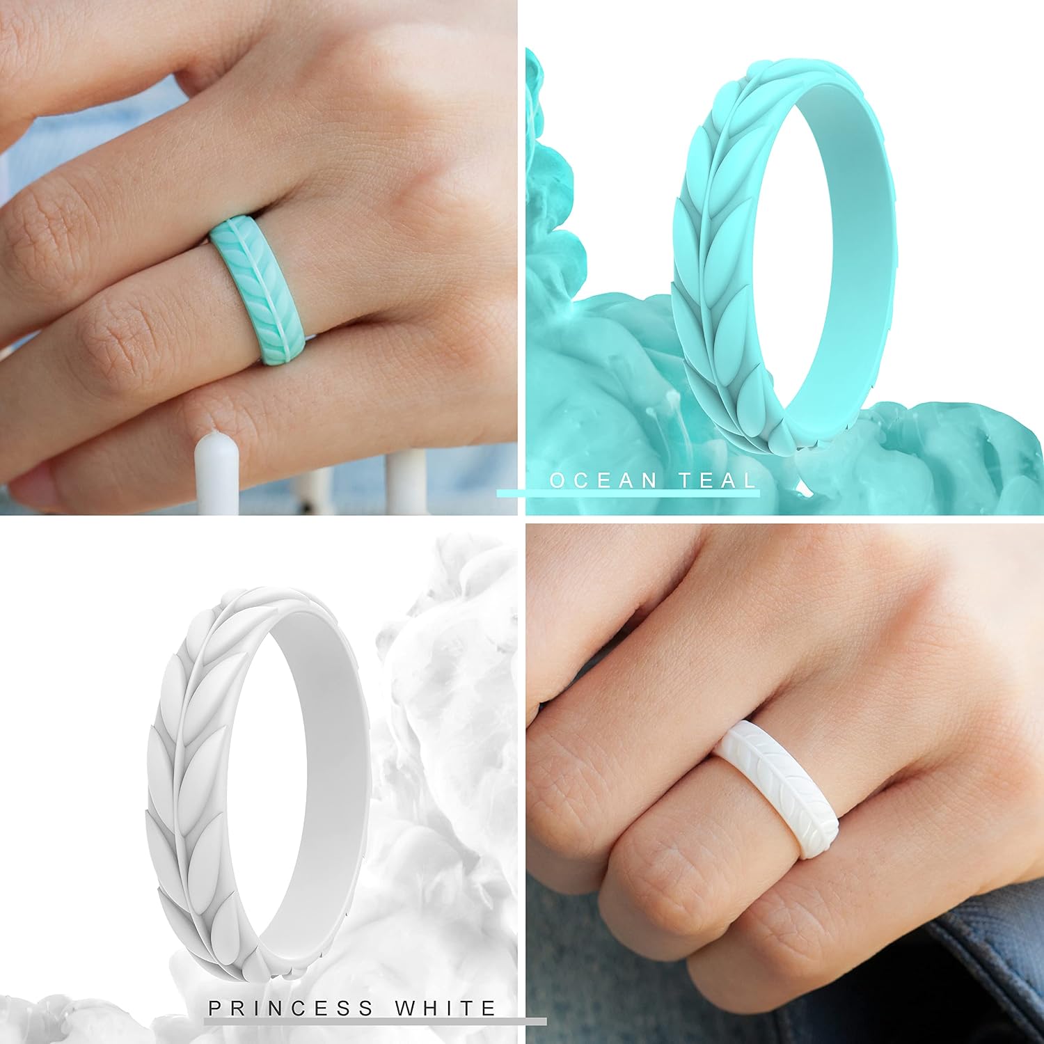 ThunderFit Silicone Wedding Rings for Women, Leaf Design Rubber Engagement Bands 5.2mm Wide 2mm Thick, Breathable & Standard Inner Layer - 1/4/7 Variety Multipack