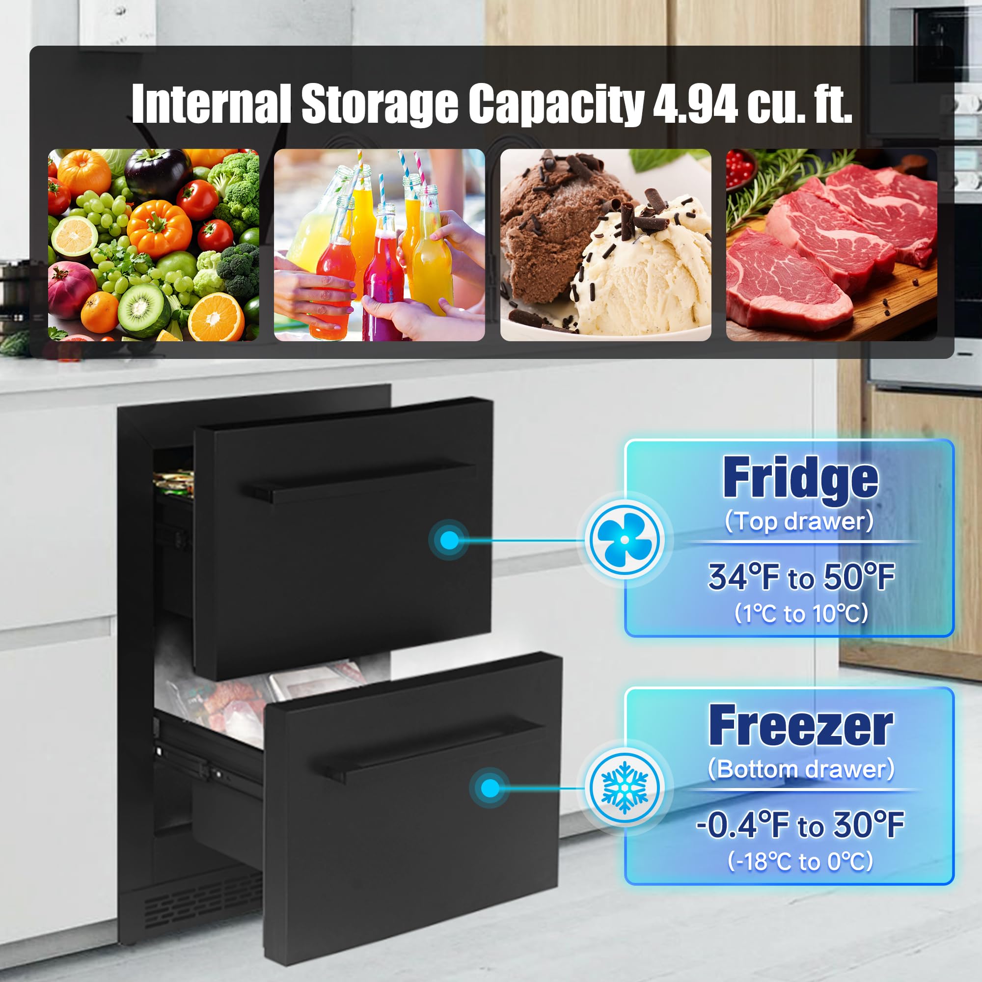 24inch Double Drawer Refrigerator With Freezer,Under Counter Beverage Fridge For Indoor Outdoor Kitchen, Waterproof Black Stainless Steel Freezer For Freshness & Freezing Meat (-0.4℉ To 50℉) on Fridge.com - View 2