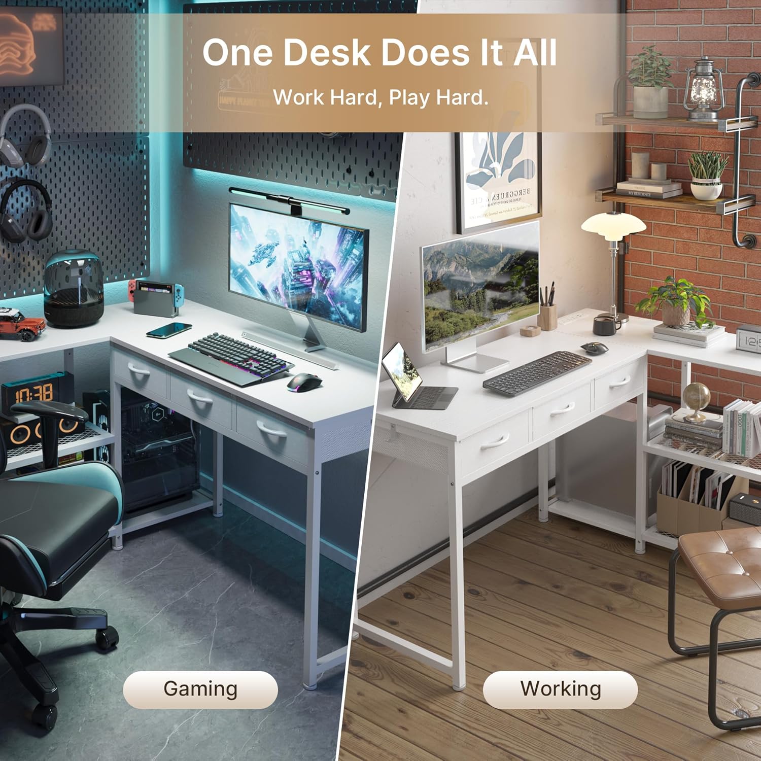 Gizoon 53 Inch White L Shaped Gaming Desk with CPU Stand & Power Outlet - Reversible Corner Desk with Drawers, Storage Shelves and 2 Hooks for Gaming Setup, Home Office, Living Room