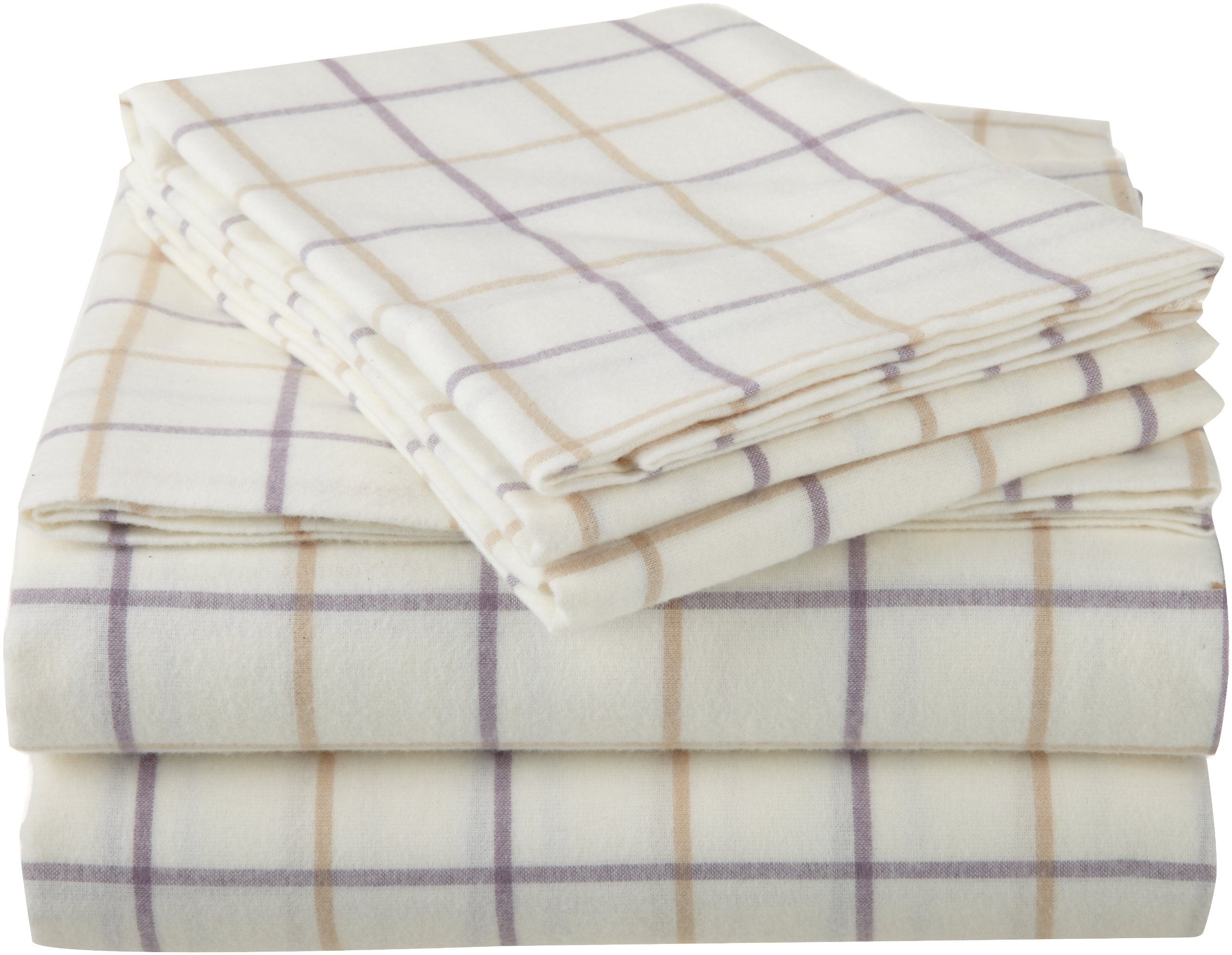 Amazon Brand – Pinzon Lightweight Cotton Flannel Sheet Set - Twin Extra-Long, Lavender Plaid