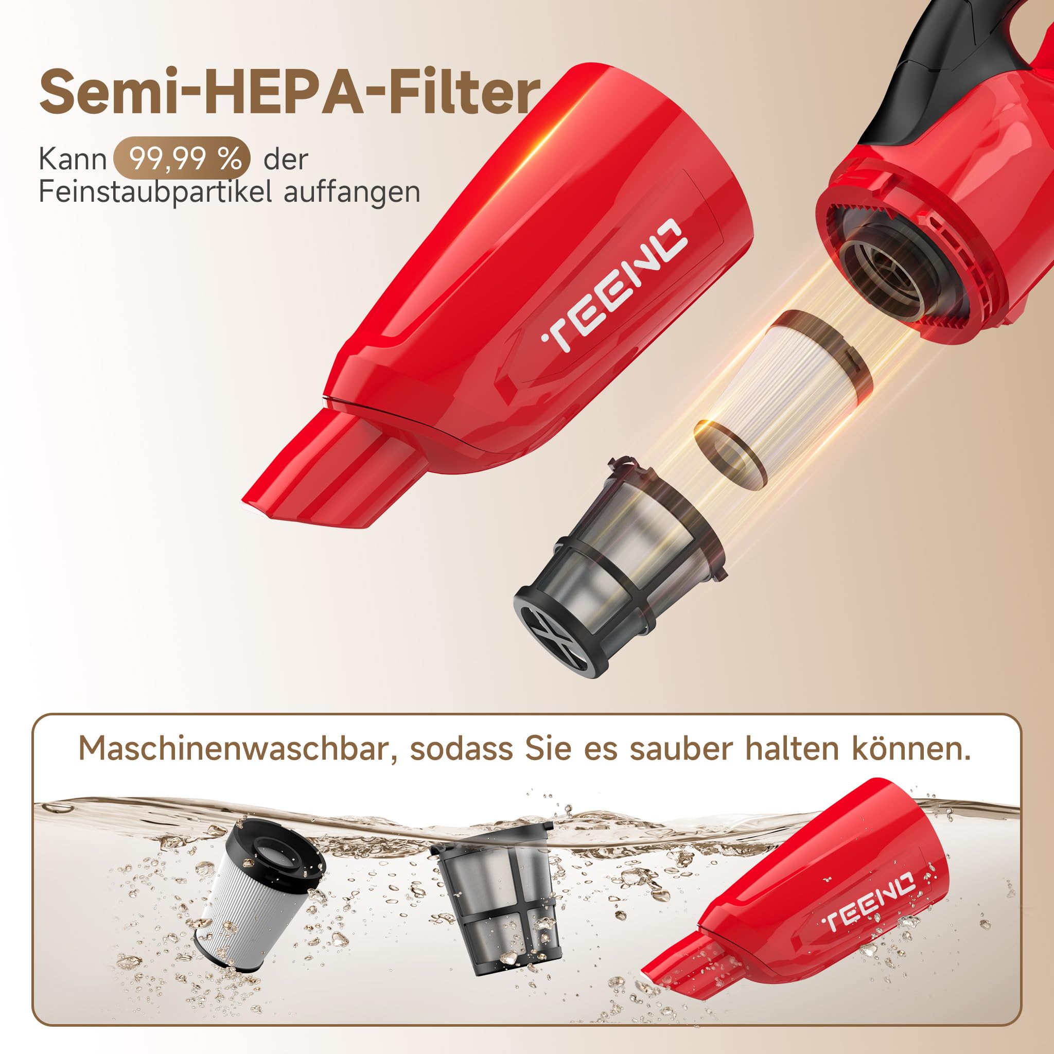 TEENO Akku Staubsauger Lithium 150W/13KPA mit 4Ah Li-Ion Akku für Haus, Auto, Büro & Sofa