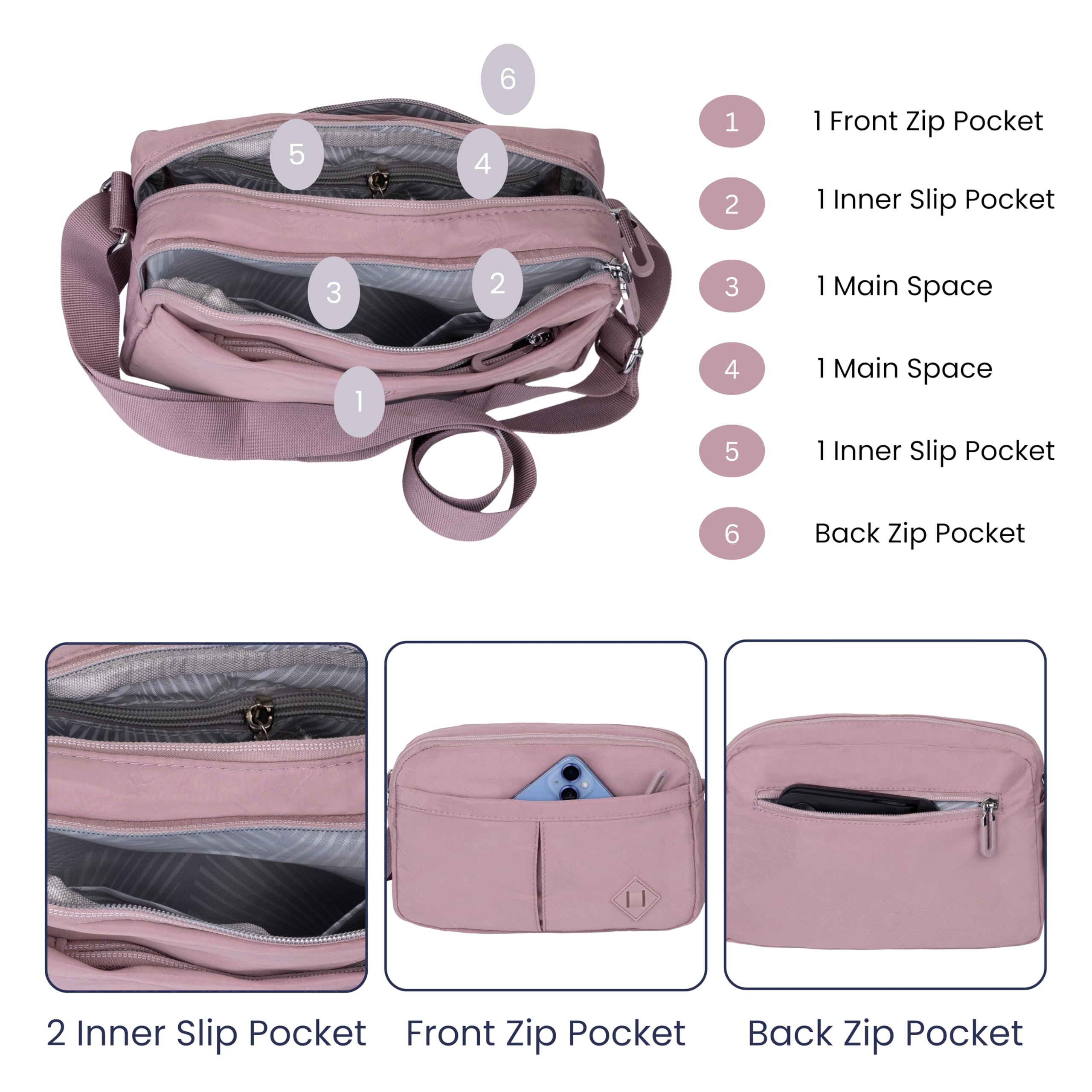 PRANIJ Women’s Crossbody Bag – Lightweight Waterproof Shoulder Bag with Multiple Pockets, Adjustable Strap, Stylish Travel Purse for Everyday Use (Orchid Blush) 3