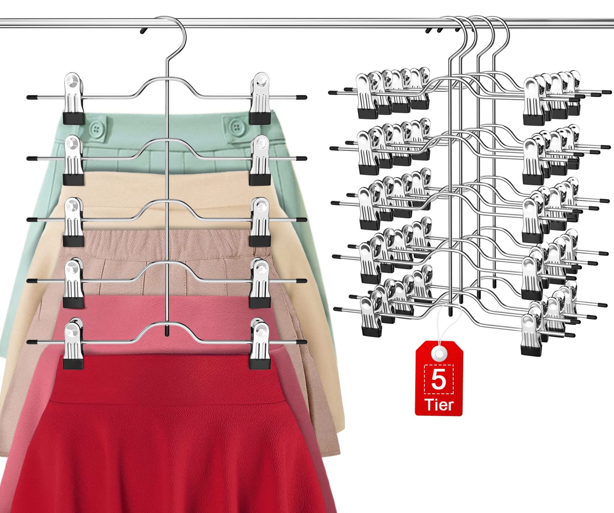 Upgrade 5 Tier Skirt Hangers for Women, 4 Pack Pants Skirts Hangers Space Saving with Adjustable Non Slip Clips Closet Organizers and Storage Grip Shorts Hangers for Pants, Trousers, Shorts, Jeans