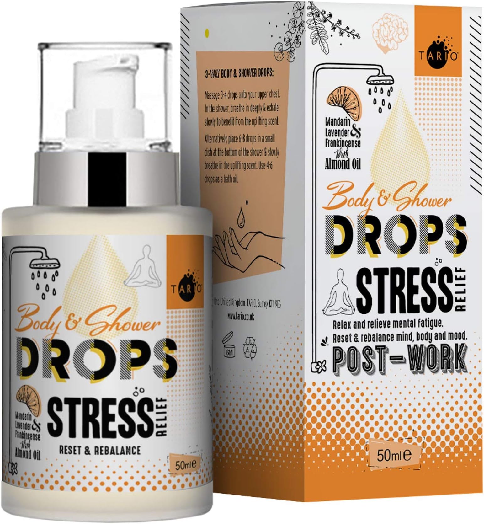 TARIO STRESS RELIEF Body & Shower Drops. With organic madarin, lavender & ylang-ylang to calm and revitalise body, mind & mood.