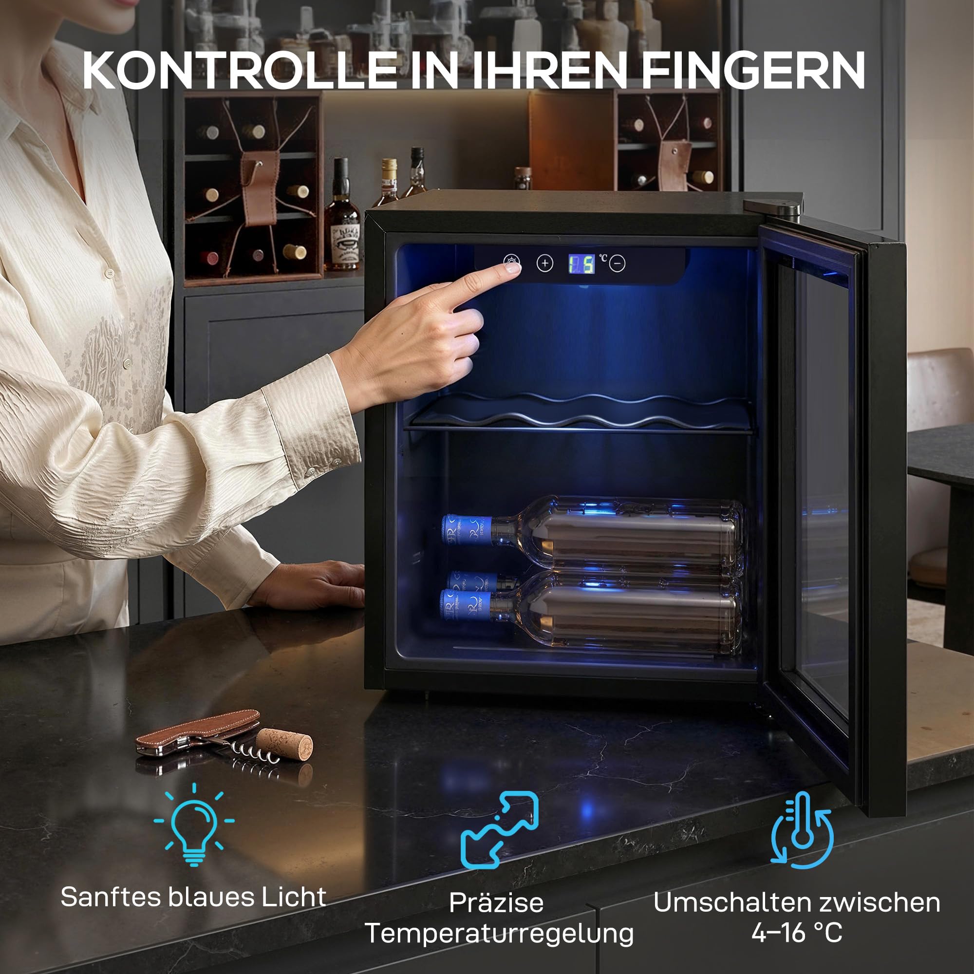 HOMCOM Weinkühlschrank 12 Flaschen 36 Liter Doppelglastür LED-Beleuchtung 4-16°C Schwarz