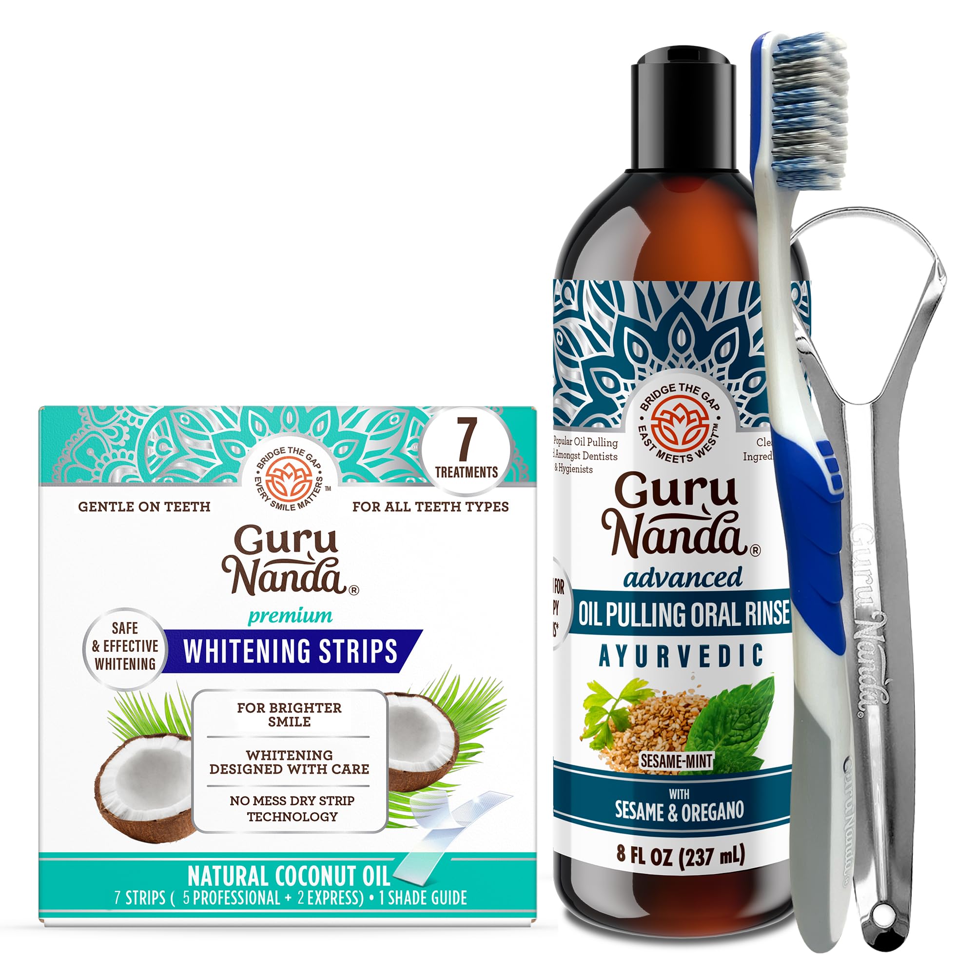 GuruNanda Advanced Oil Pulling with Tongue Scraper Teeth Whitening Strips - 7 Treatments with 14 Strips - Enamel-Safe
