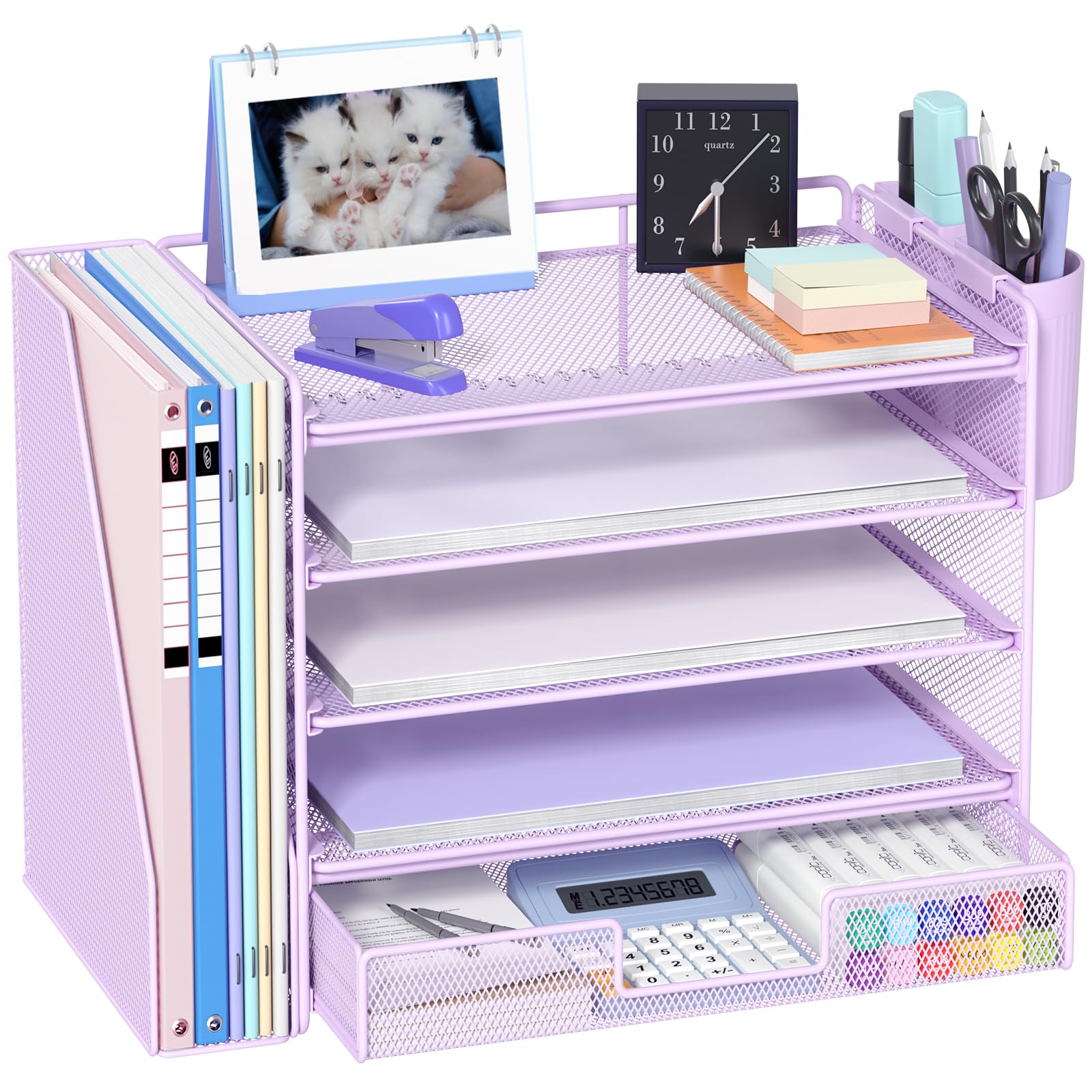 OPNICE Desk Organizer, 5-Tier Paper File Organizer with Drawer & Pen Holder, Office Desk Accessories, Workspace Desktop Organizer for Office Supplies(