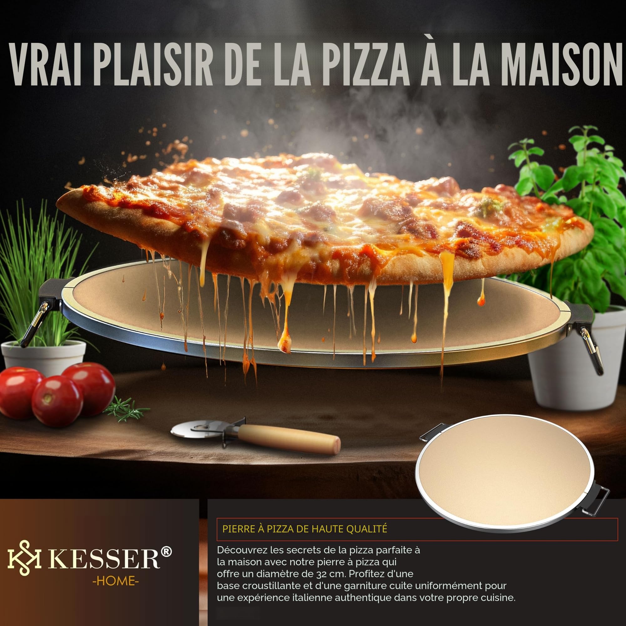KESSER Four à pizza électrique jusqu'à 400 degrés, 1200 W, avec plaque en pierre ignifuge et minuterie de 32 cm de diamètre, 5 niveaux de chaleur et fenêtre.