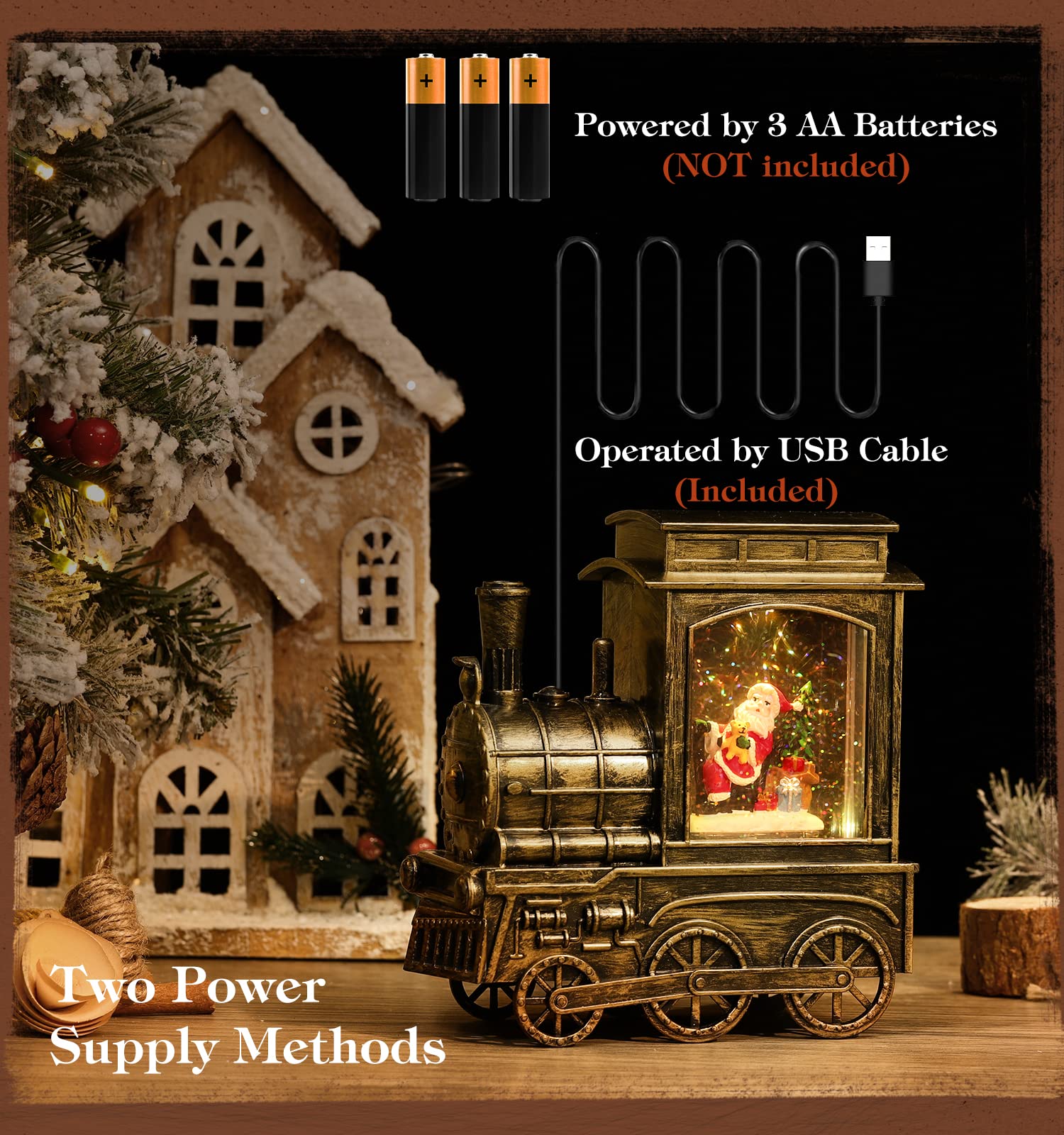 Lewondr LED Schneekugel Weihnachten mit Spieluhr, Zugform Elektrische Schneekugel Weihnachten mit Musik & Licht & Timer Schneemann Weihnachtslicht Batteriebetrieb/USB Beleuchtung, Messing Gold