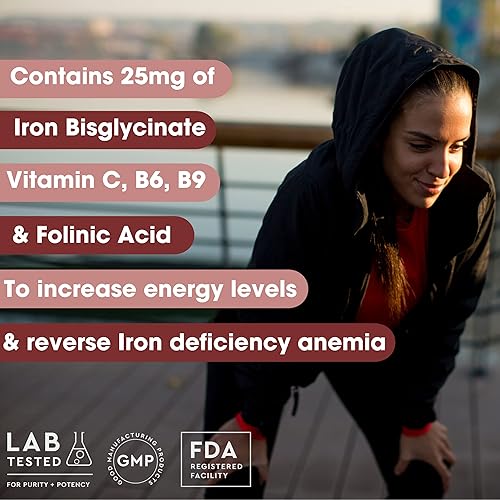 Miniatura 4 de Suplemento Iron Plus, quelato ferroso natural, bisglicinato 25 mg + vitamina C, B6, B12, ácido fólico, 240 unidades (paquete de 2)