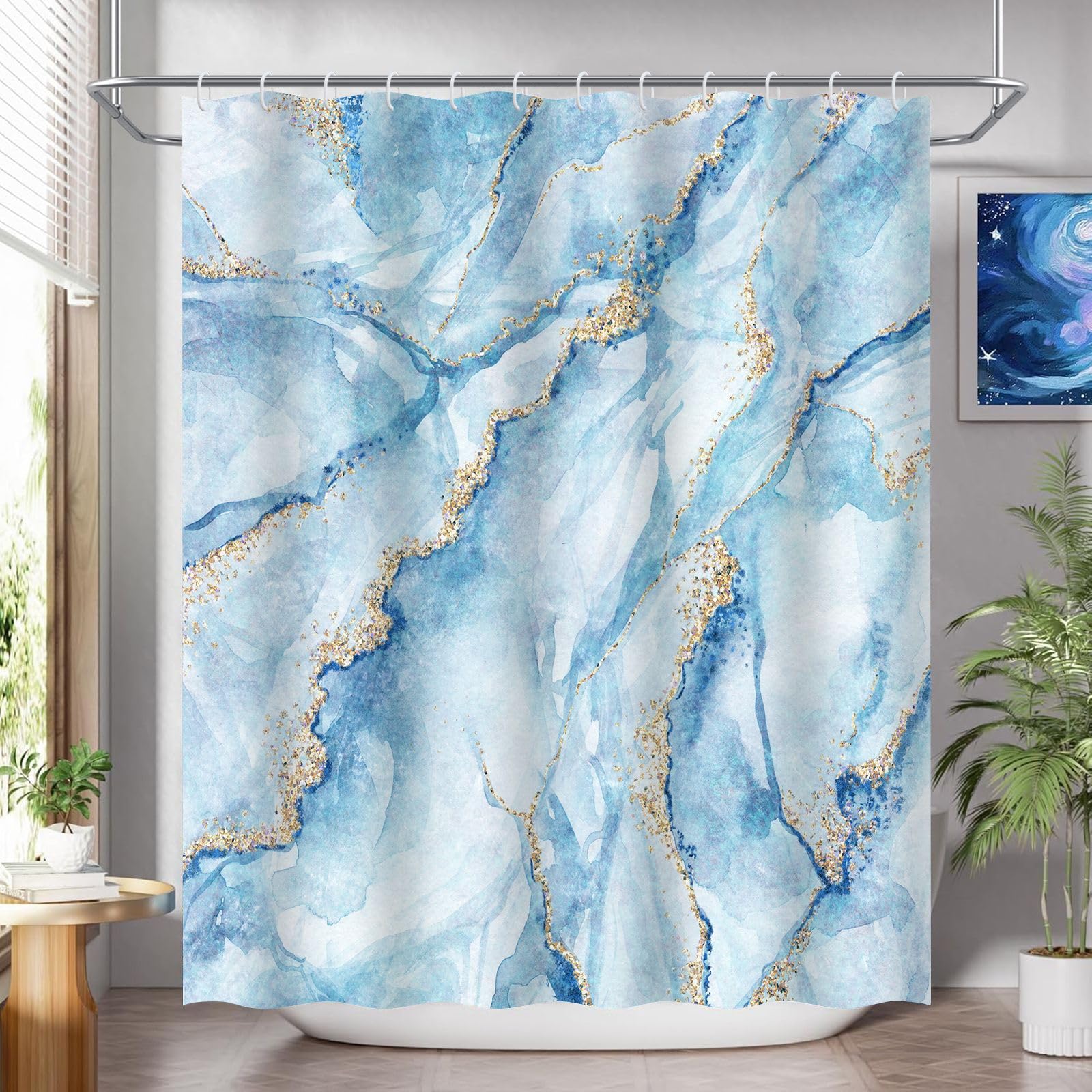 Rideau de douche anti-éclaboussures 180x220 marbre bleu en tissu imperméable