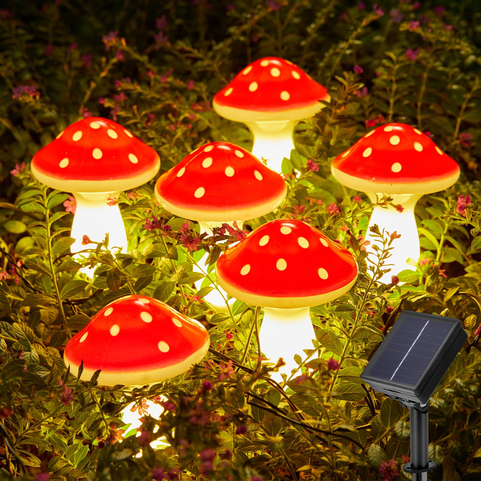 Solar Mushroom Lights for Outside Decor, Solar String Lights Outdoor Waterproof for Garden with 8 Lighting Modes, Solar Pathway Lights for Patio Yard Decorative, Set of 6, Red
