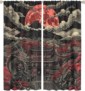 TIKRBMLB Japanese Samurai Blackout Curtains for Bedroom Living Room, Asian Building Pagoda Fantasy Animal Red Moon Window ...