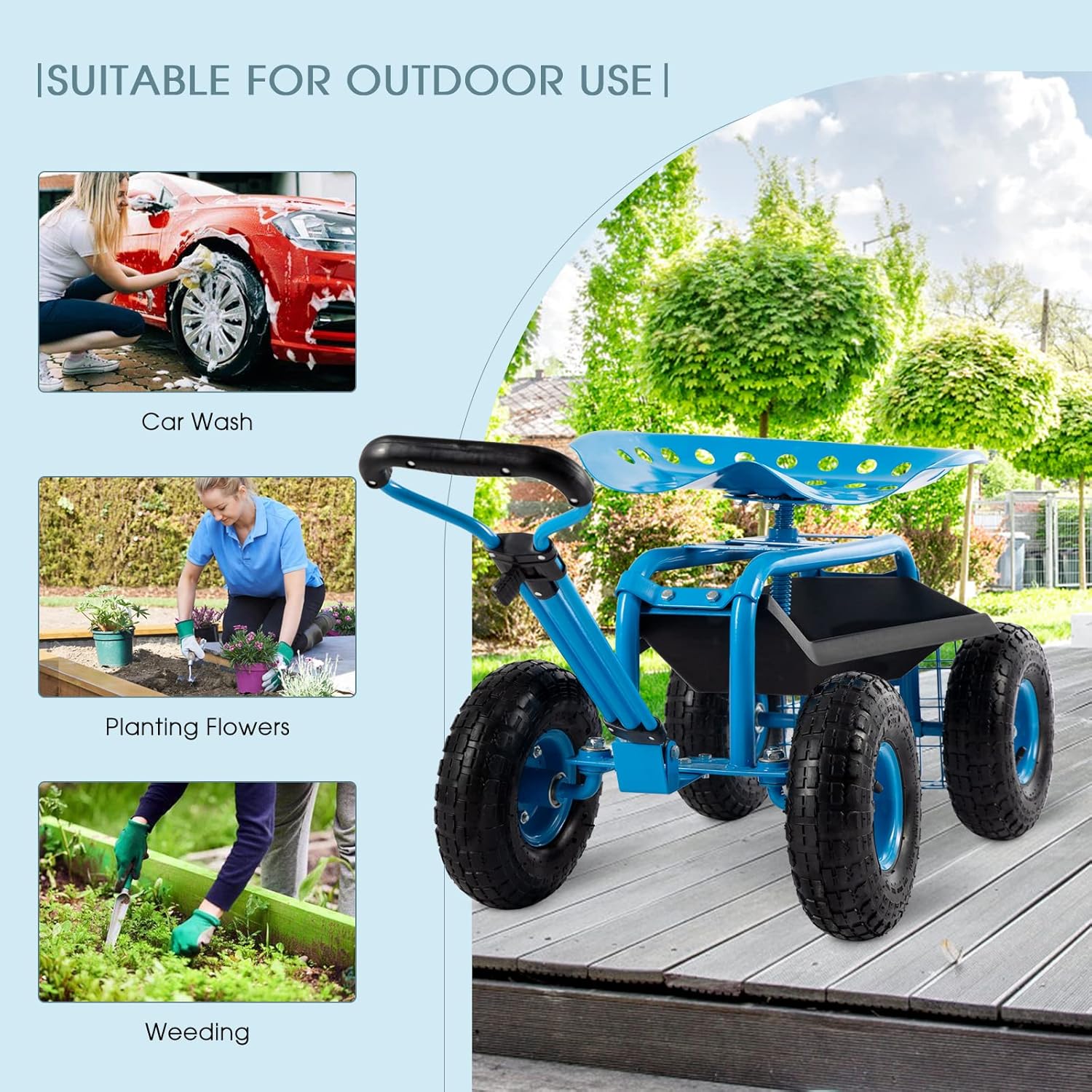 Rolling Garden Cart with Workseat - Heavy Duty Scooter with Handle and Storage Gardening Stool, 360 Degree Swivel Seat for Seniors Garden Cart on Wheel,Blue