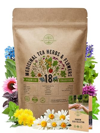 Organo Republic 18 Medicinal Tea Herb & Flower Seeds Variety Pack- Indoor/Outdoor. 3400+ Non-GMO Heirloom Flower Seeds Anise, Bergamot, Calendula, Chamomile, Echinacea, Lavender Seeds & More