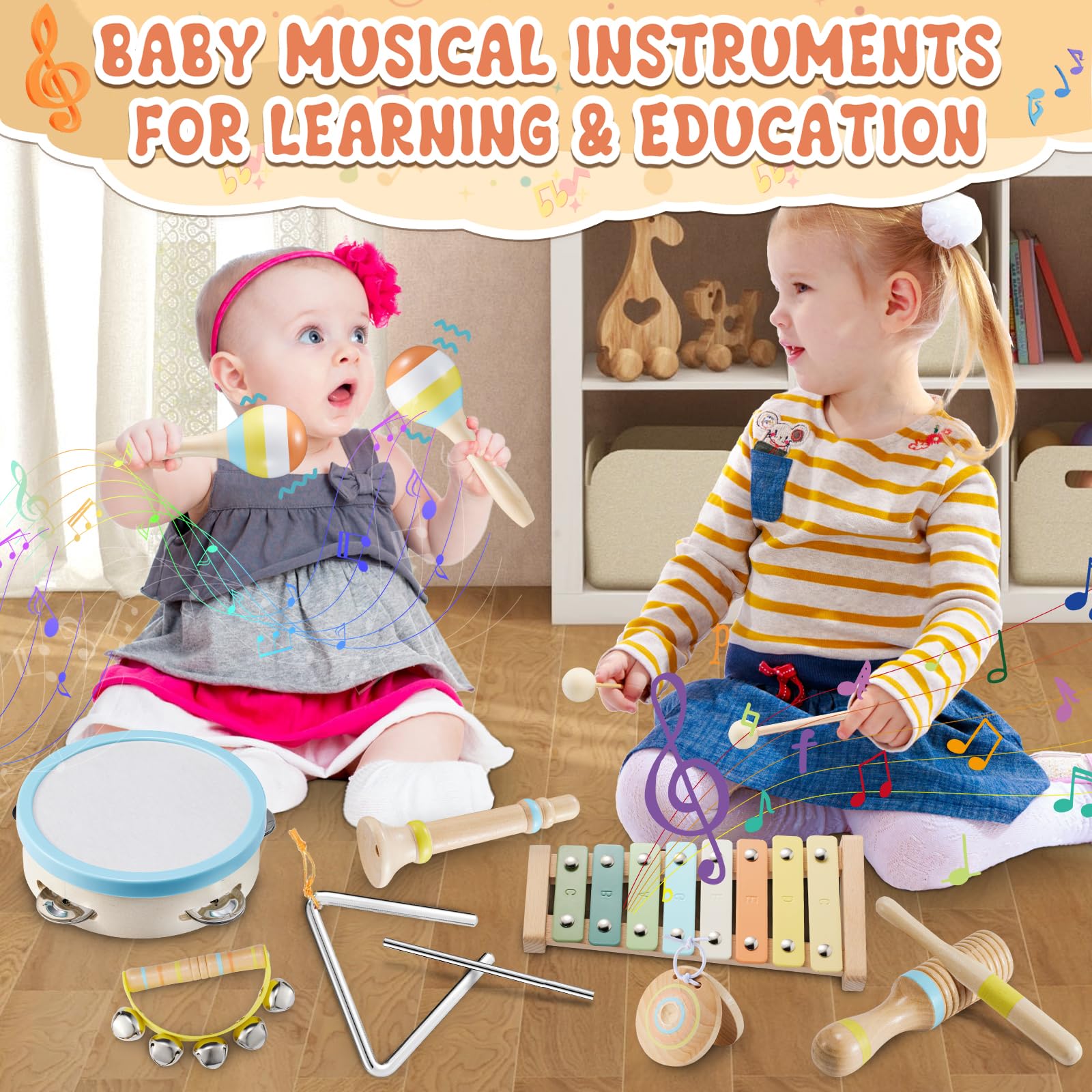 Juego de instrumentos musicales para bebés, juguetes de música de madera Montessori para niños pequeños de 3, 4, 5 años, kit de música de percusión de color neutro con tambor, xilófono, bolsa de 4