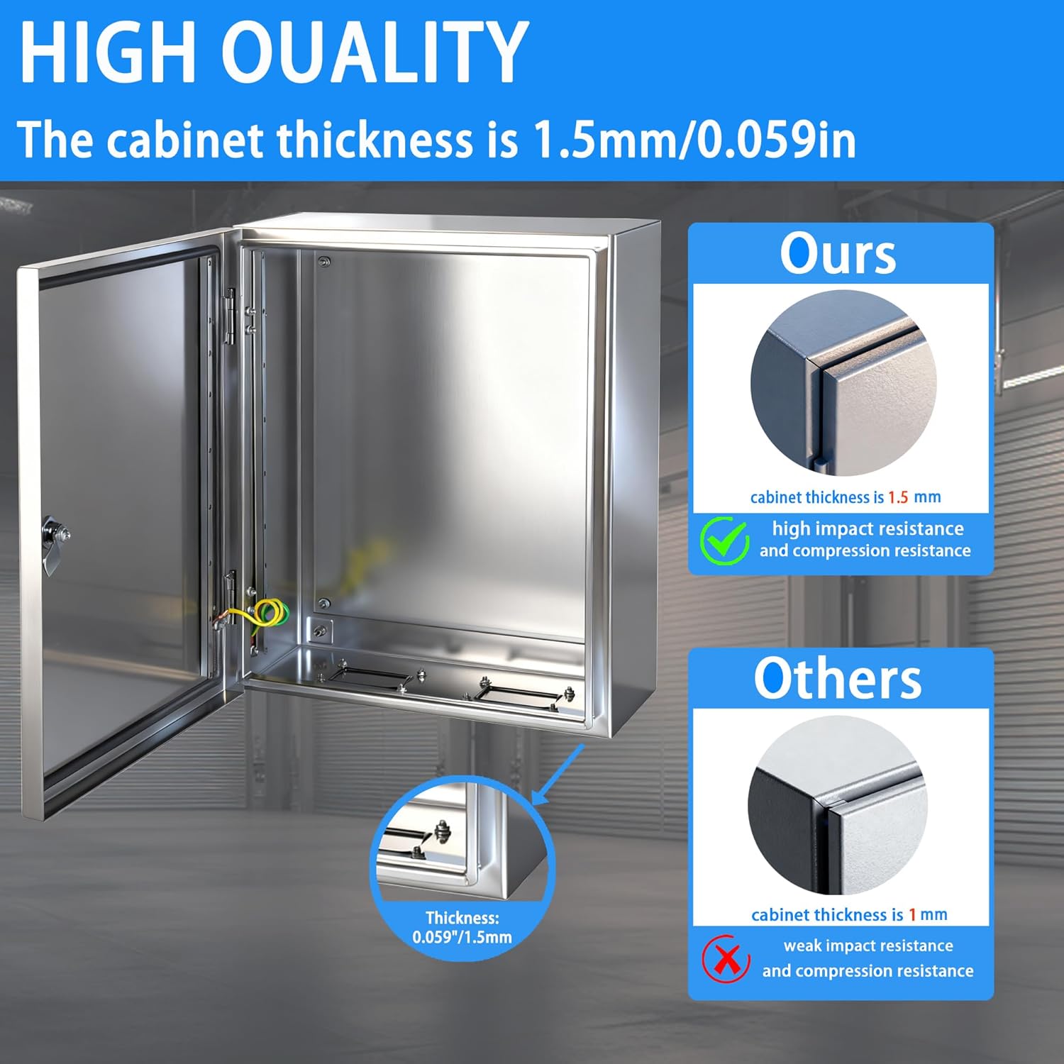 Electrical Enclosure 16x16x8, 304 Stainless Steel Enclosure IP66 Waterproof and Dustproof Metal Electrical Box Indoor and External Wall Hanging