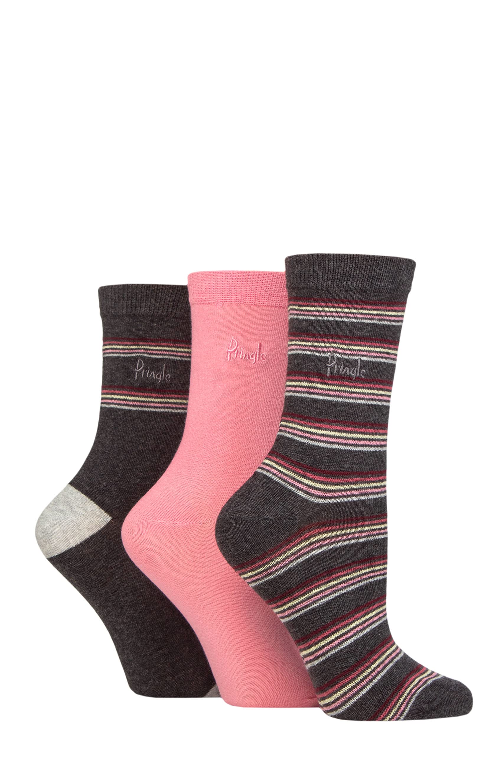Pringle Of Scotland Women's Multi Colour Stripes Charcoal Pringle Patterned Cotton And Recycled Polyester Socks Pack Of 3 4-8