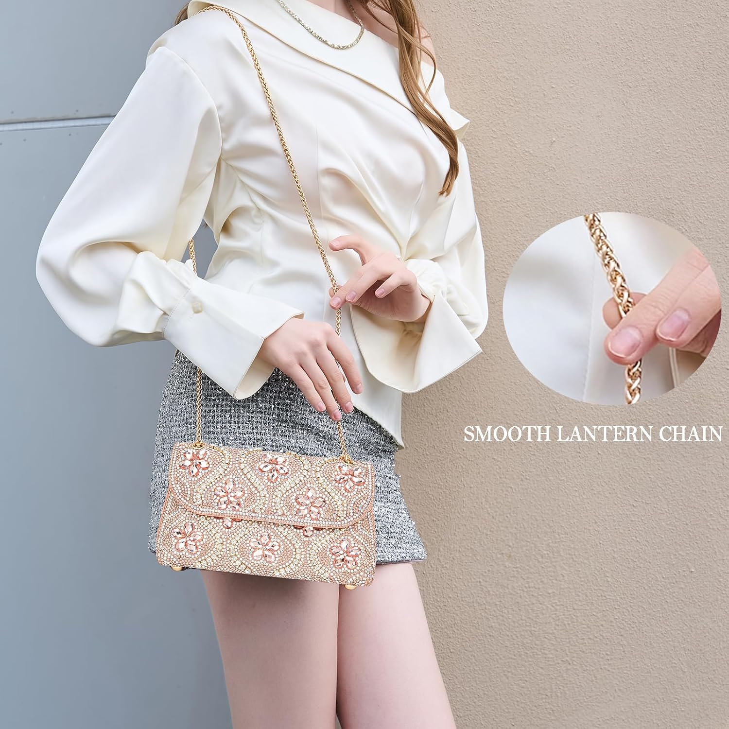 BBTT.ful Flower Evening Handbags Chain Strap Square Shoulder Bag Crossbody Bag Crystals Rhinestone Clutch Purse