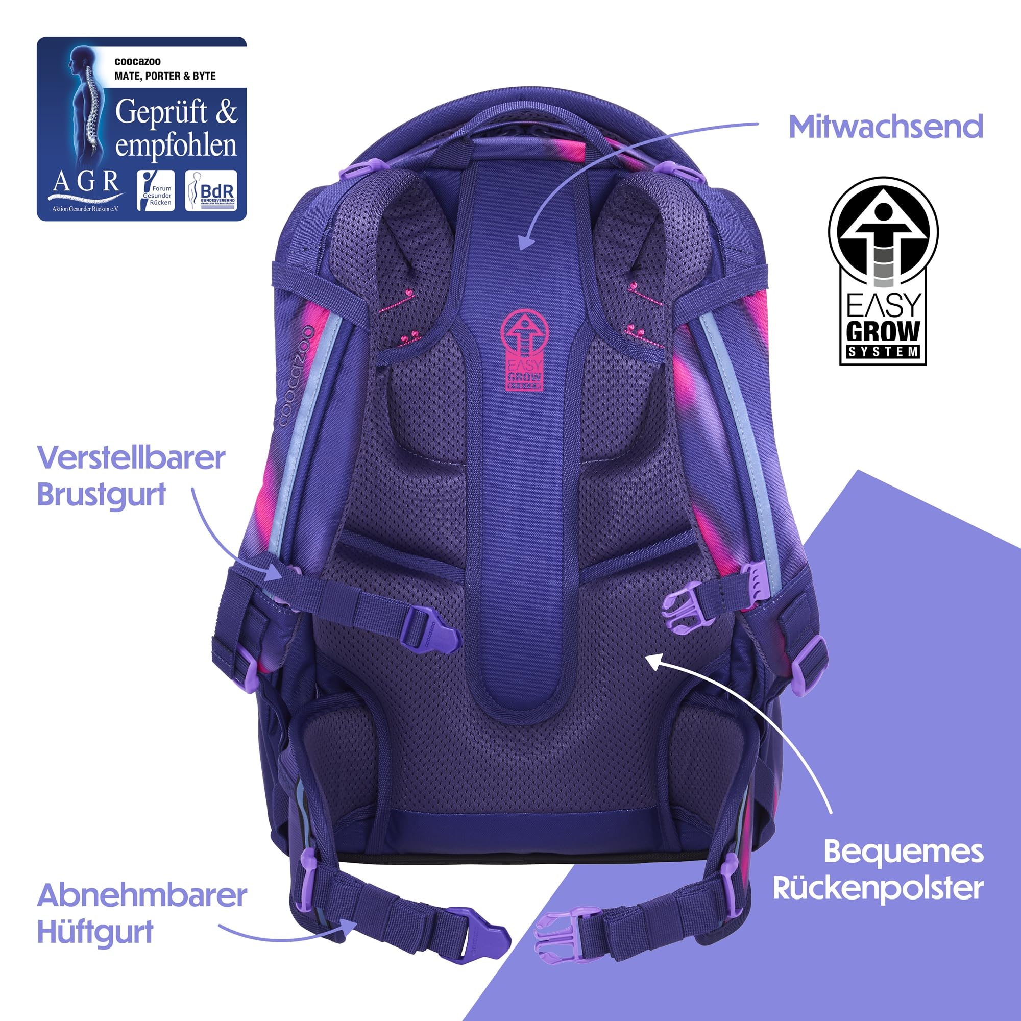 coocazoo Porter Schulrucksack „Aurora Glow”, lila, ergonomischer & anpassbarer Tornister, höhen- & größenverstellbar, mit Brustgurt & Hüftgurt, ab der 3. Klasse