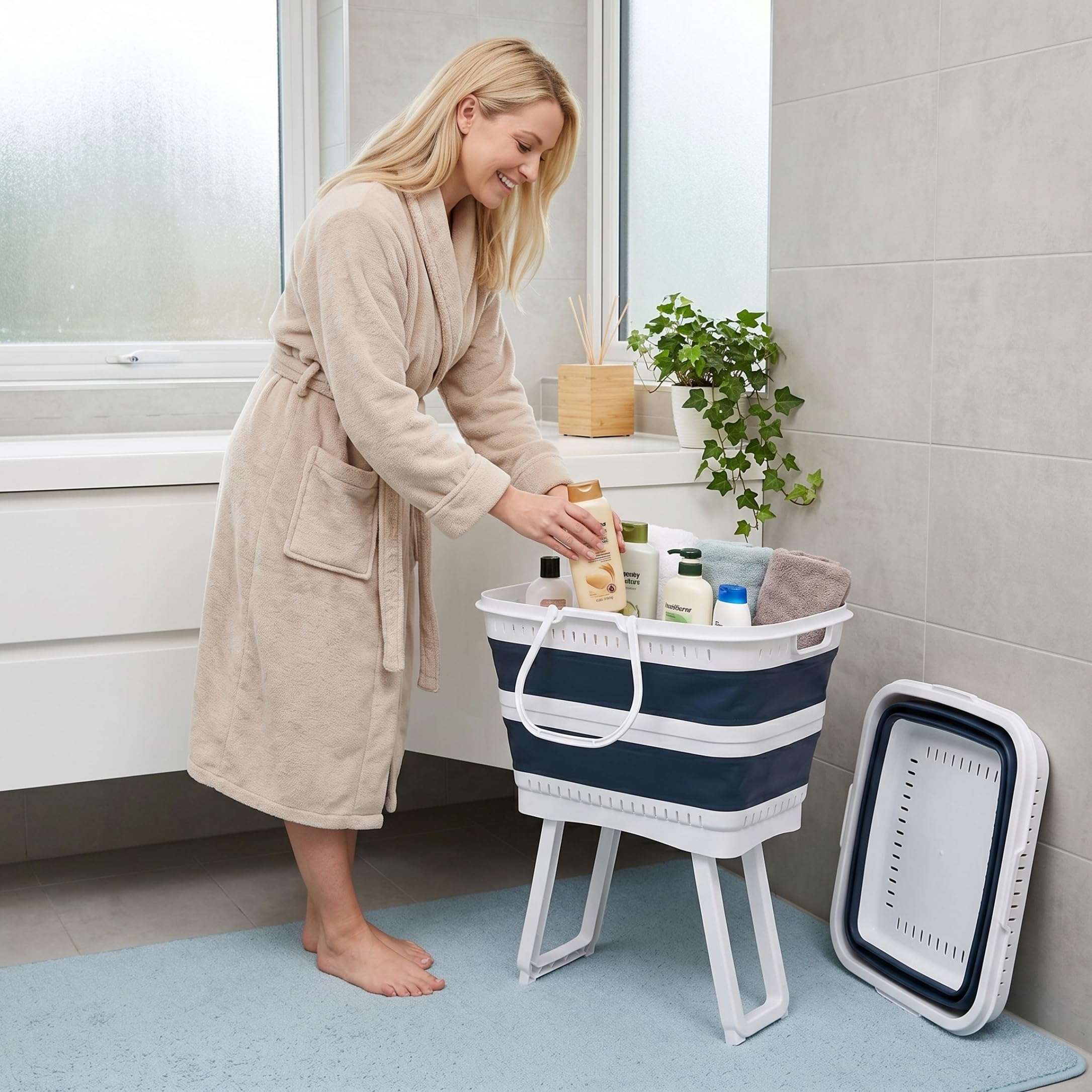 Cesto portabiancheria pieghevole in plastica con gambe, cesto pieghevole di capacità da 26 litri con manici per bagno, camera da letto, cucina, sala giochi, dormitorio, blu scuro.