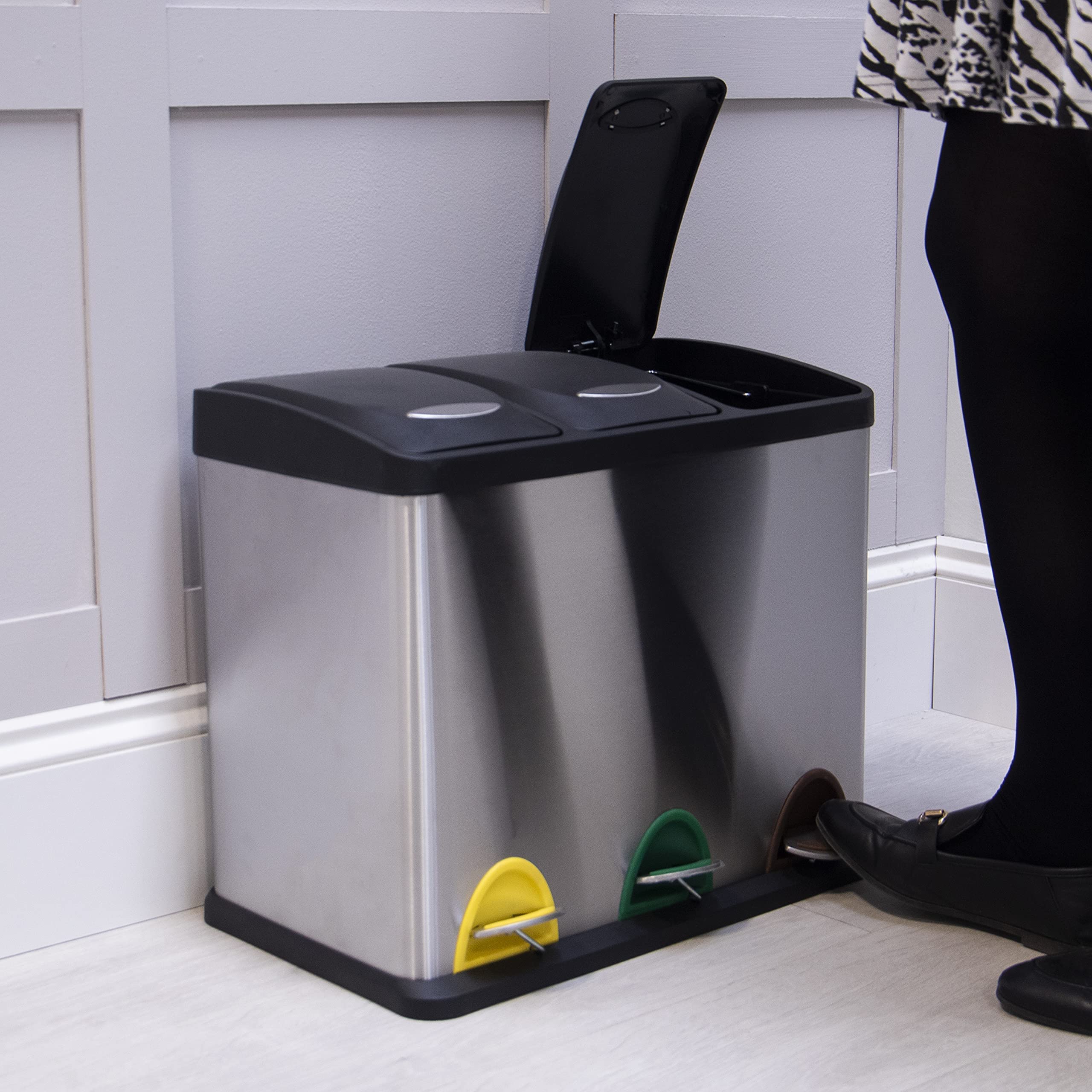 Compact 24L (3 x 8L) Recycling Pedal Bin Stainless Steel Kitchen Waste Bin Colour Coded