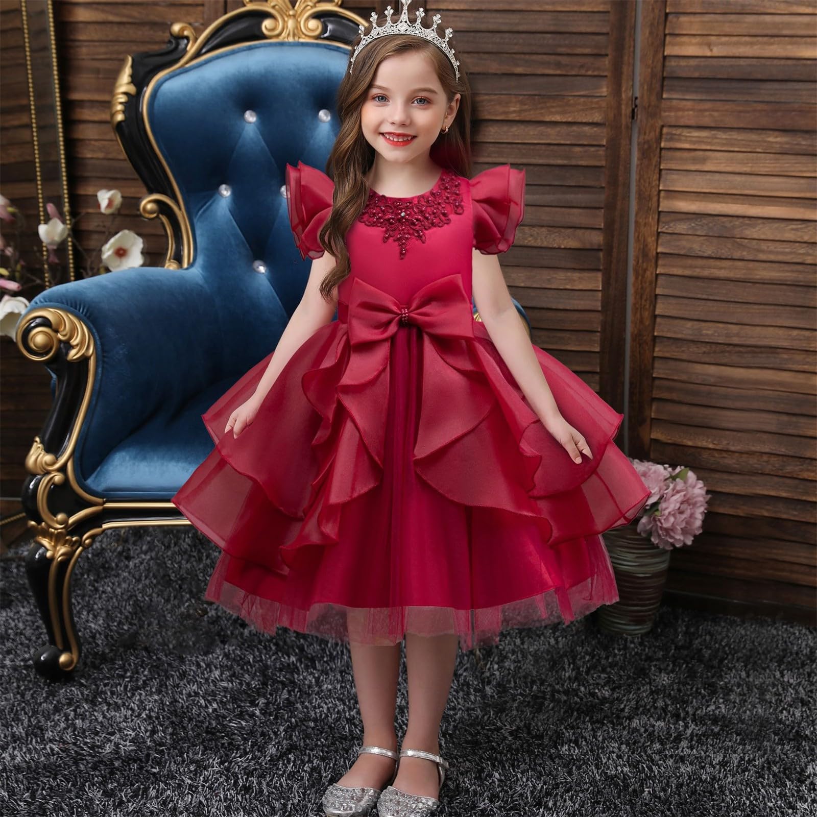 Vestito da ragazza da principessa in tulle con fiocco per bambini a più livelli festa di compleanno matrimonio damigella d'onore abiti da ragazza di fiori abiti da festa formale ballo di fine anno
