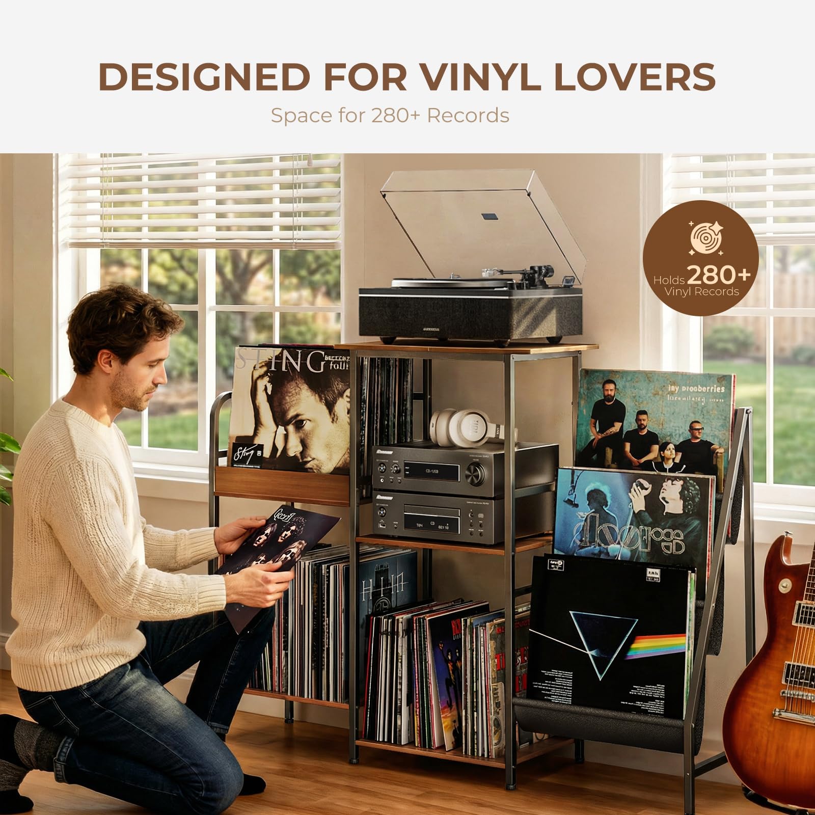 Qlearsoul Meuble Platine Vinyle avec Rangement, Support pour Tourne-Disque à 3 Niveaux avec Présentoir Vinyles, Meuble Vinyle pour Salon