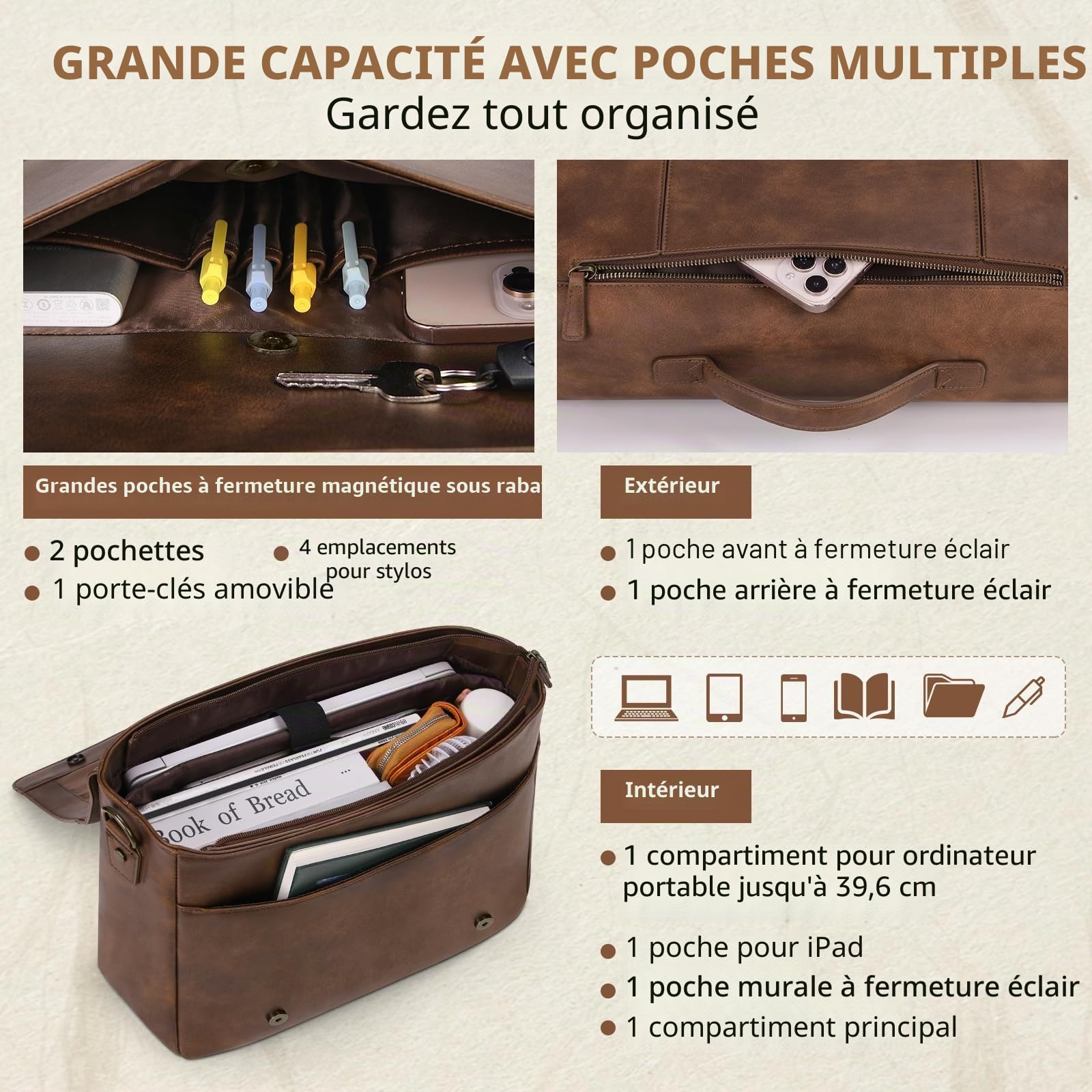 RAINSMORE Sac à bandoulière en cuir pour homme de 15,6 pouces - Étanche - Style vintage - Grande sacoche à bandoulière - Pour le travail, le bureau, l'université