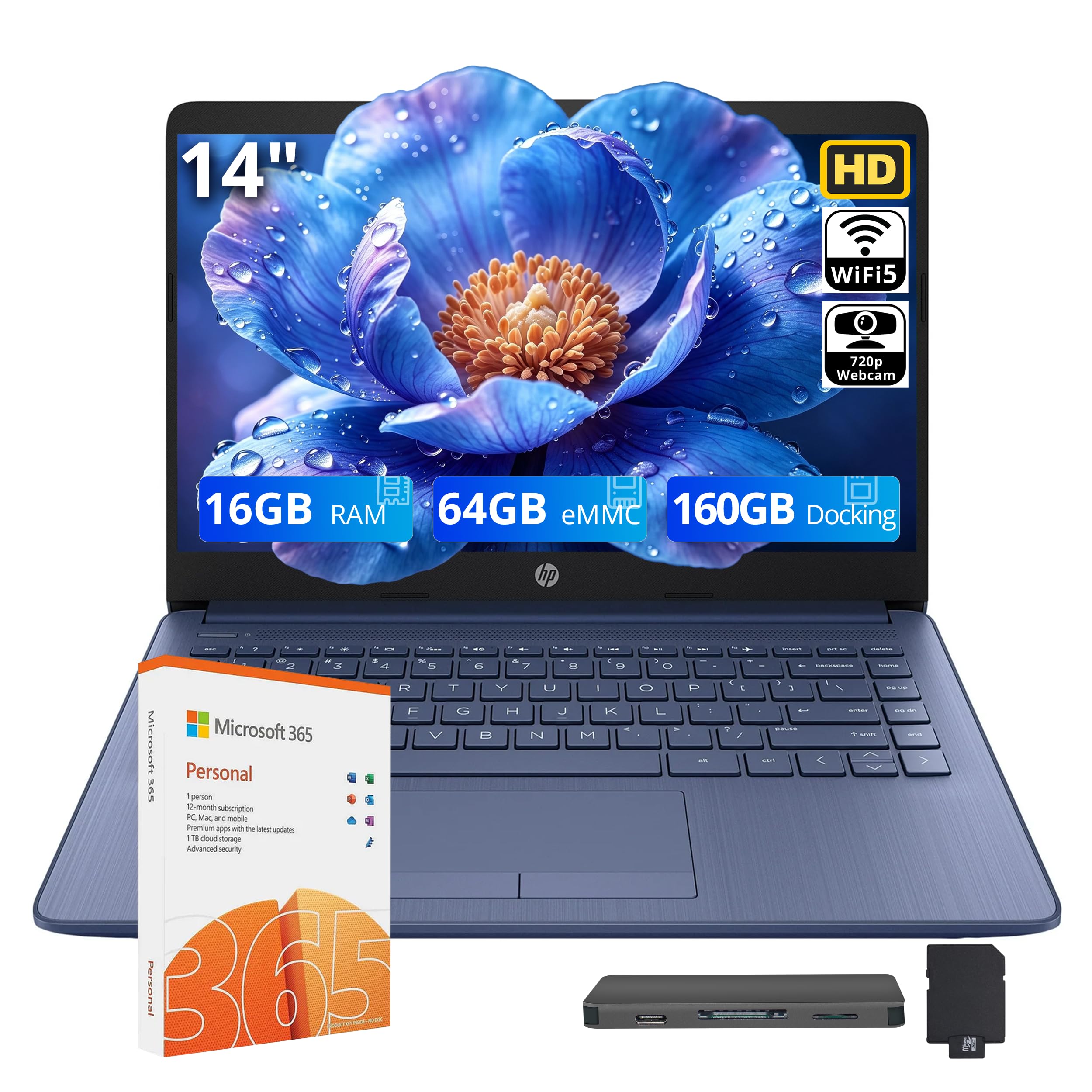 HP Stream 14" HD Student & Business Laptop, Intel Celeron N4120, 16GB RAM, 224GB Storage (64GB eMMC + 160GB Docking Station), Intel UHD Graphics, 1 Year Office 365, Wi-Fi 5, Win 11, Royal Blue