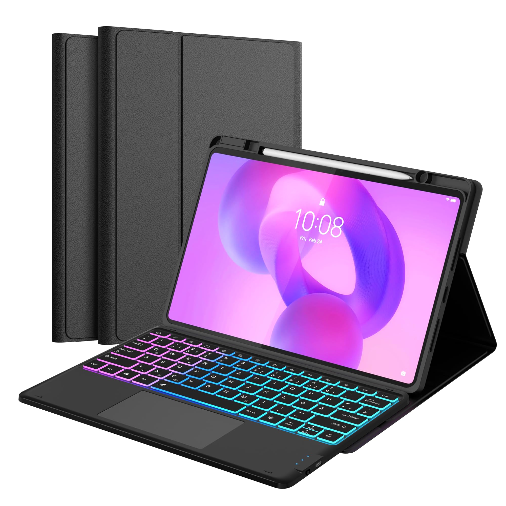 ROOFEI für Lenovo Idea Tab Plus 12,1 Zoll 2025 Hülle mit QWERTZ Tastatur - Regenbogen-Hintergrundbeleuchtung Magnetisch Abnehmbar Tastatur mit Trackpad für Lenovo Idea Tab Plus 12,1" Tablet TB365FC