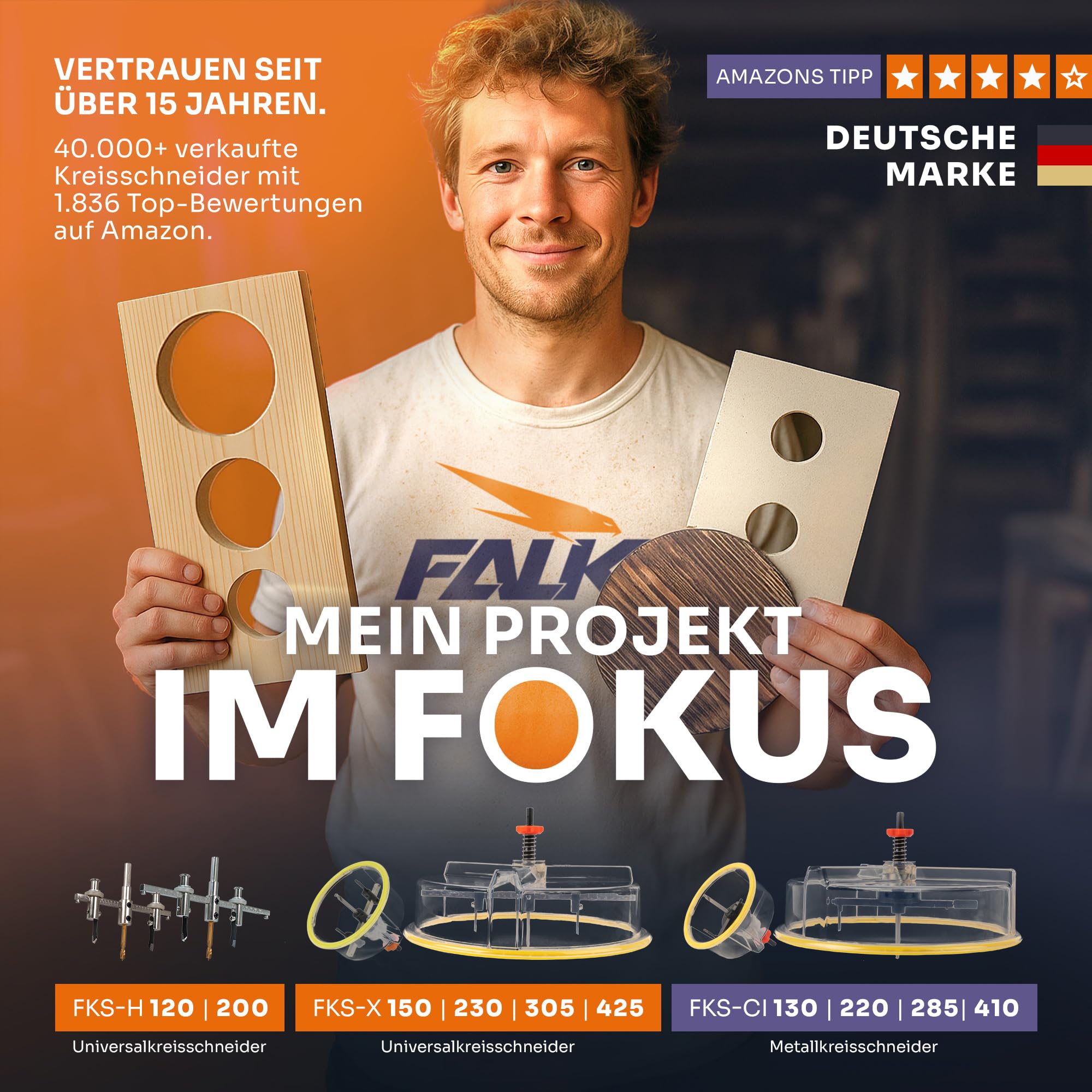 Falke Kreisschneider FKS-H 200 - Universal für Holz, Kunststoff, Gipskarton | Durchmesser stufenlos einstellbar (40-200 mm) - Verstellbare Lochsäge